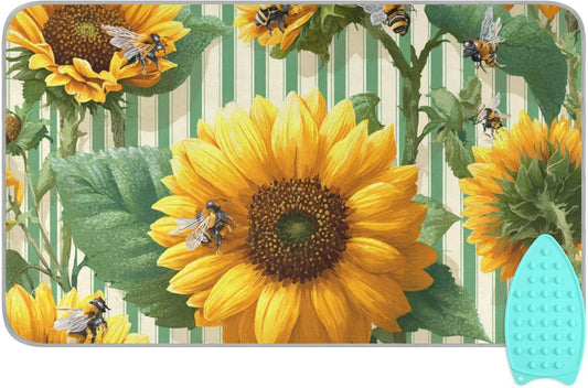 Green Striped Sunflowers and Bees Ironing Mat for Table top Portable Ironing Pad Blanket for Washer Dryer Countertop Travel