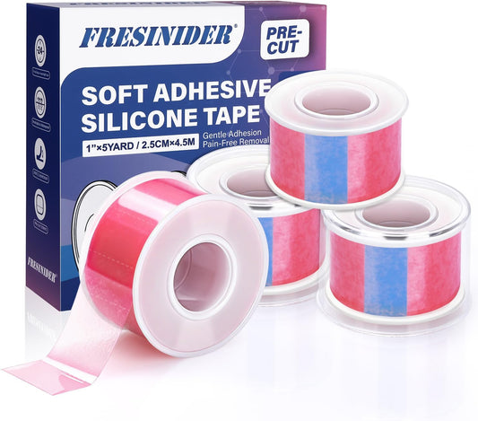 FRESINIDER Silicone Tape 1" x 5 Yard Pink 4 Rolls for Sensitive Skin, Pre-Cut Waterproof Medical Tape, Gentle Adhesive for Wound Care, Surgical Sites, Infants and Elderly