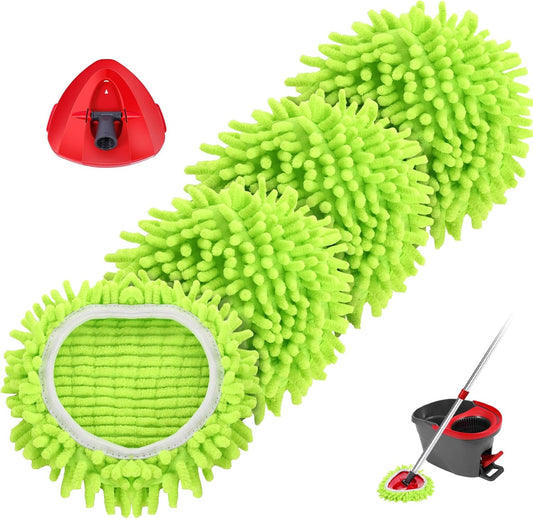 Chenille Mop Heads Replacements 4 Pcs & 1 Base Set for Ocedar Easywring 1-Tank System,Reusable Microfiber Spin Mop Replacement Head for Floor Cleaning and Tile