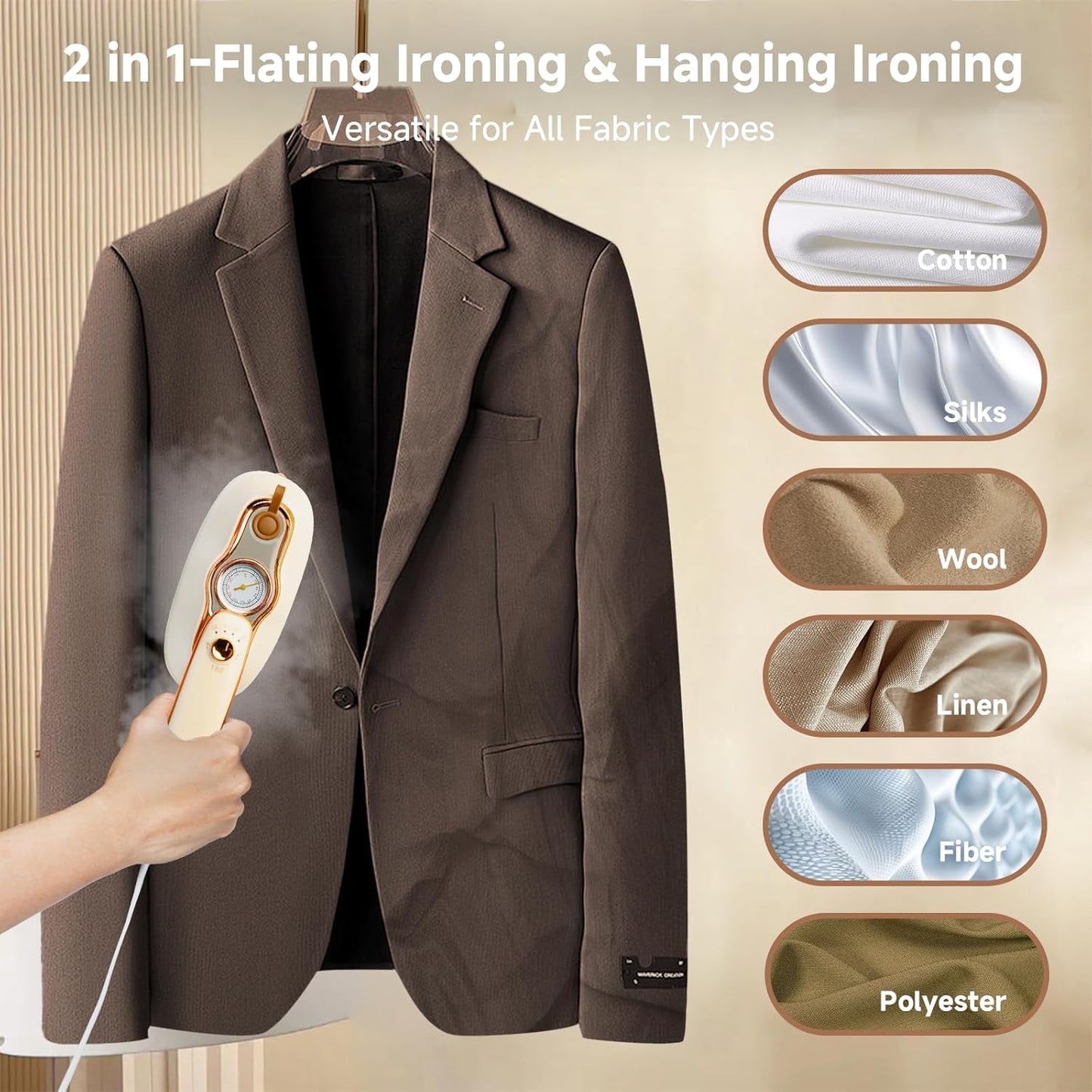 Travel Steamer for Clothes,1200W Portable Handheld Mini Garment Steamers,Steamer ＆ Iron 2 In 1,Large Ceramic Heat Panel,200ml Water Tank,20s Heat Up,Beige,110V-120V