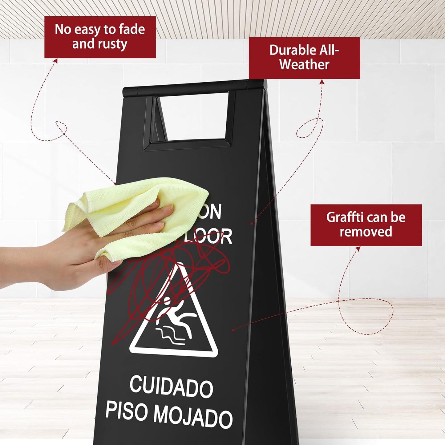 8 Pcs 24 Inch Stainless Steel Wet Floor Sign 8.8 Pound Caution Wet Floor Sign Bulk Double Sided Portable Foldable Bilingual Safety Warning for Kitchen Restaurant Restroom Avoid Fall(Black)