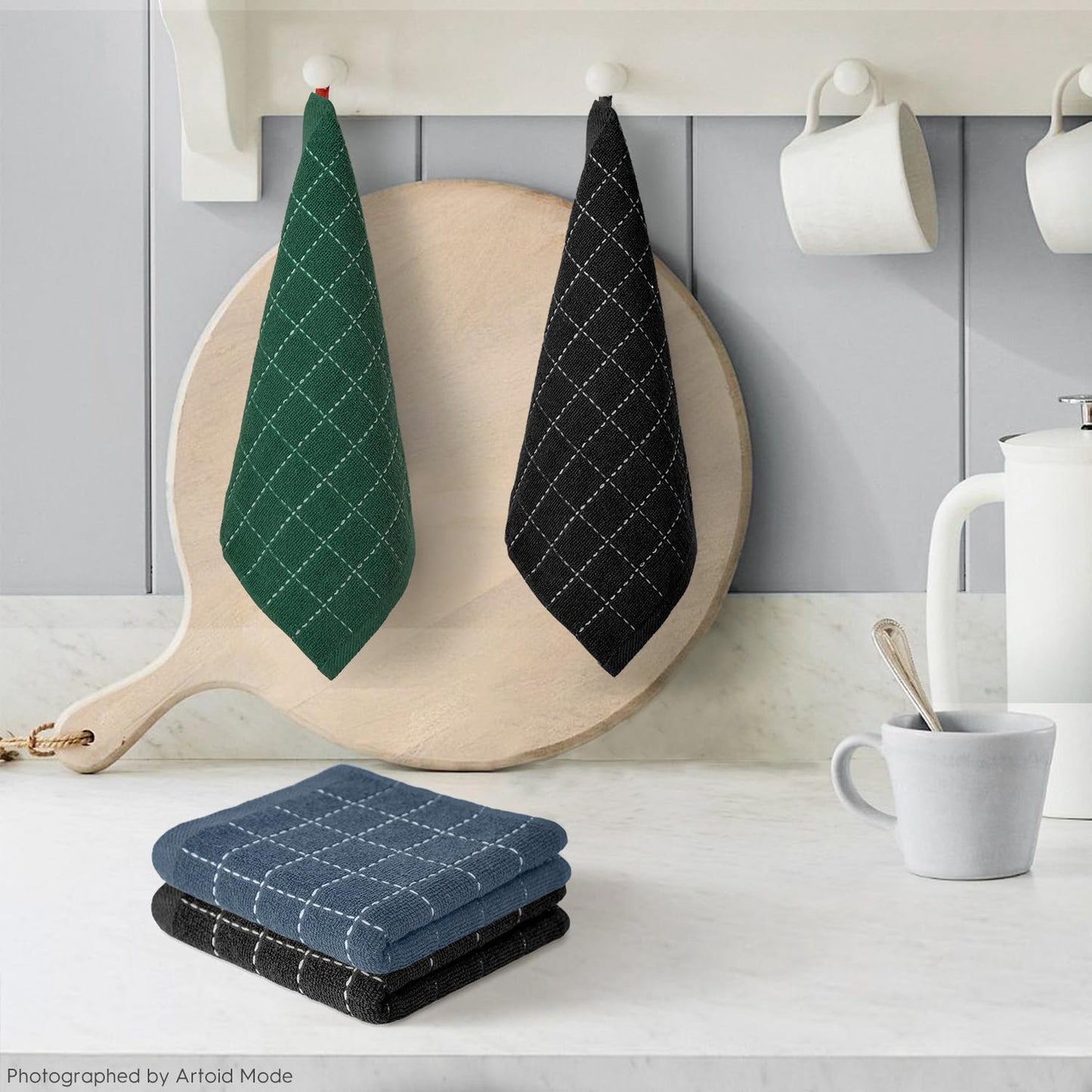 Artoid Mode Checkered Designed Cotton Grey Black Green Terry Kitchen Dish Cloths, 12x12 Inch Soft Absorbent Quick Drying Kitchen Rags Set of 6