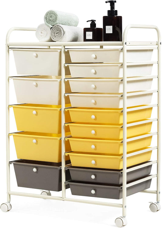GOFLAME 15-Drawer Rolling Storage Cart, Multipurpose Movable Organizer, Utility Cart for Home, Office, School, Yellow