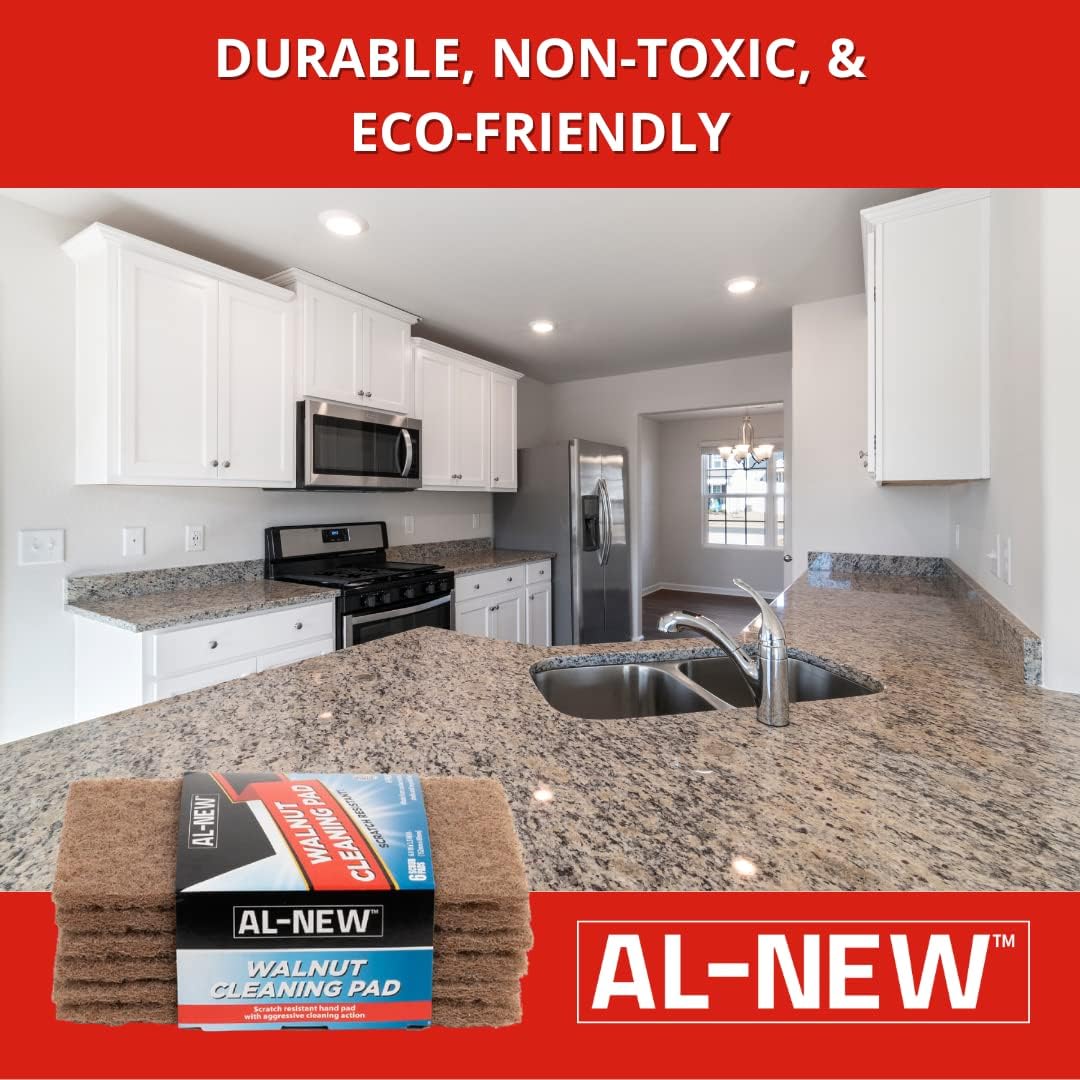 AL-NEW Walnut Cleaning Pads | Versatile, Scratch Resistant Household Cleaning & Scouring Pads for Kitchen Cleaning, Dishes, Pots, Pans & More (6 Pack)