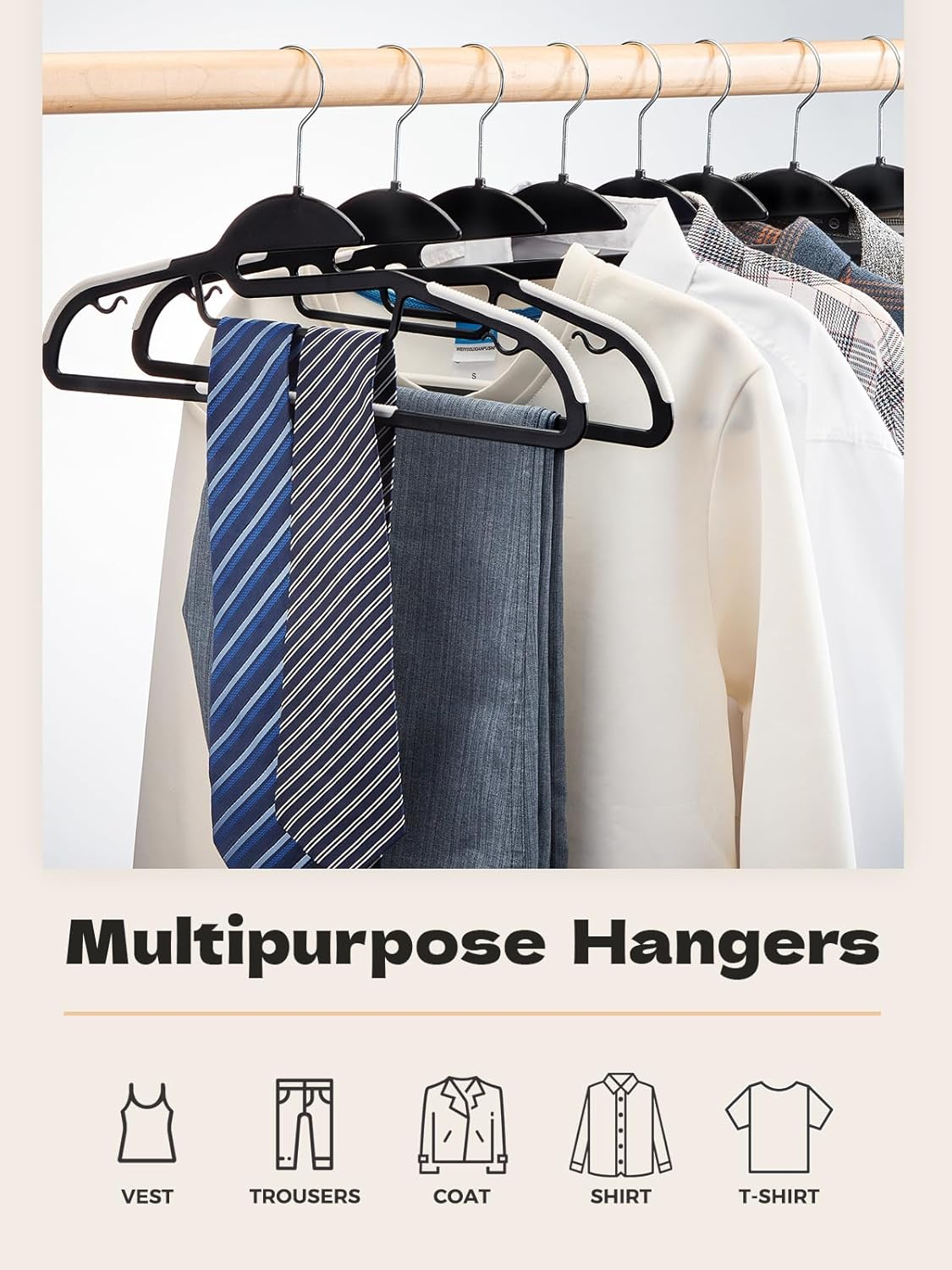 HOUSE DAY Black Plastic Hangers 50 Pack, Slim Space Saving, Non Slip Hangers with Rubber Pads, Sturdy Coat Hanger for Closet, S-Shaped Clothes Hanger for Shirt, Suit, Pant, Skirt