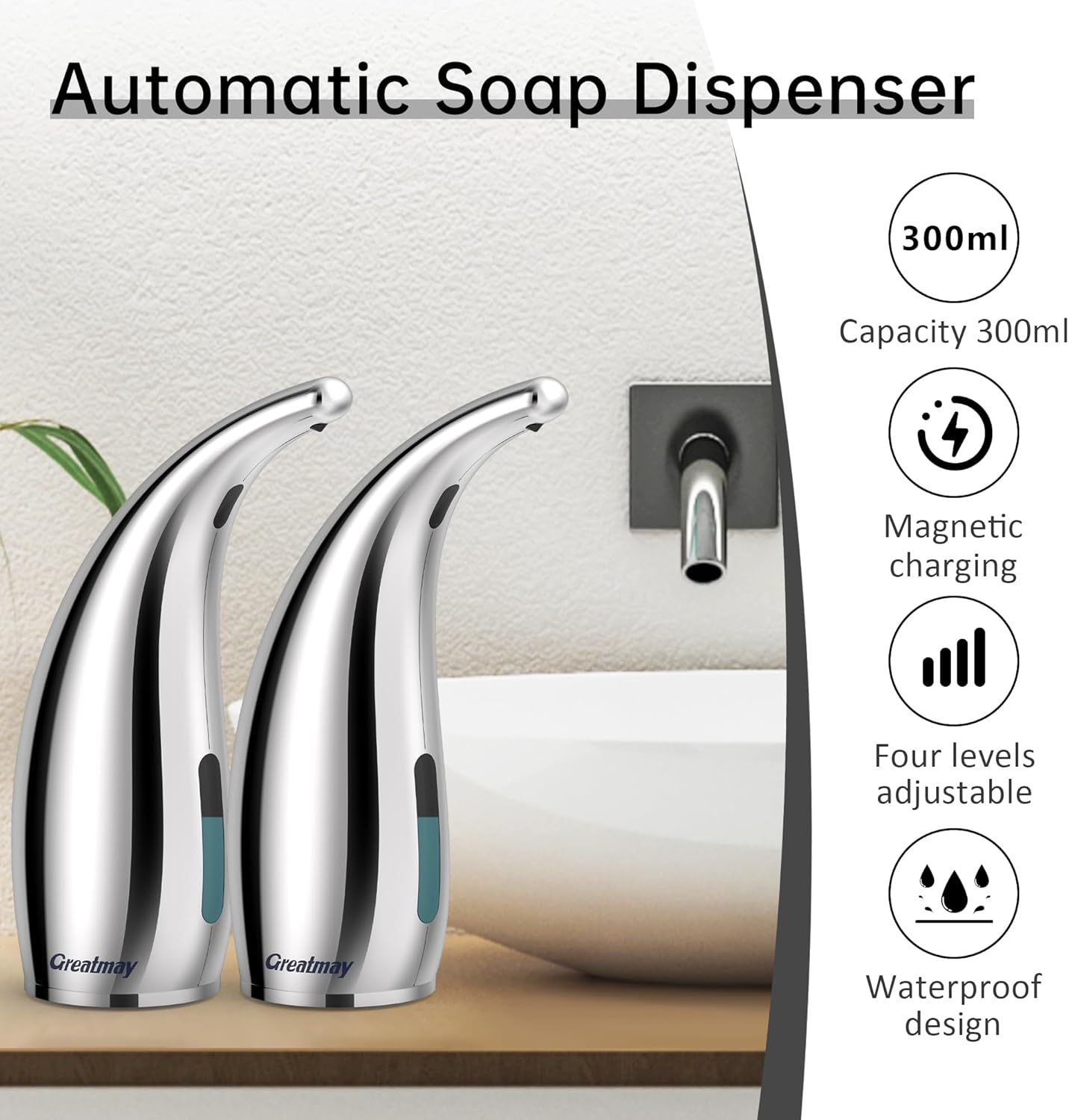 Adjustable Automatic Soap Dispenser Touchless, 4 Adjustable Levels Touchless Sensor Liquid Soap Pump Dispenser，300ml Rechargeable Magnetic Charging Hand Soap Dispenser for Kitchen，Bathroom