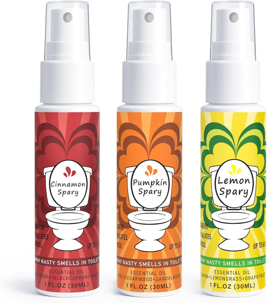 Toilet Spray for Poop 3 Pack, Travel Size Variety, Bathroom Odor Eliminator - Pumpkin Lemon Cinnamon