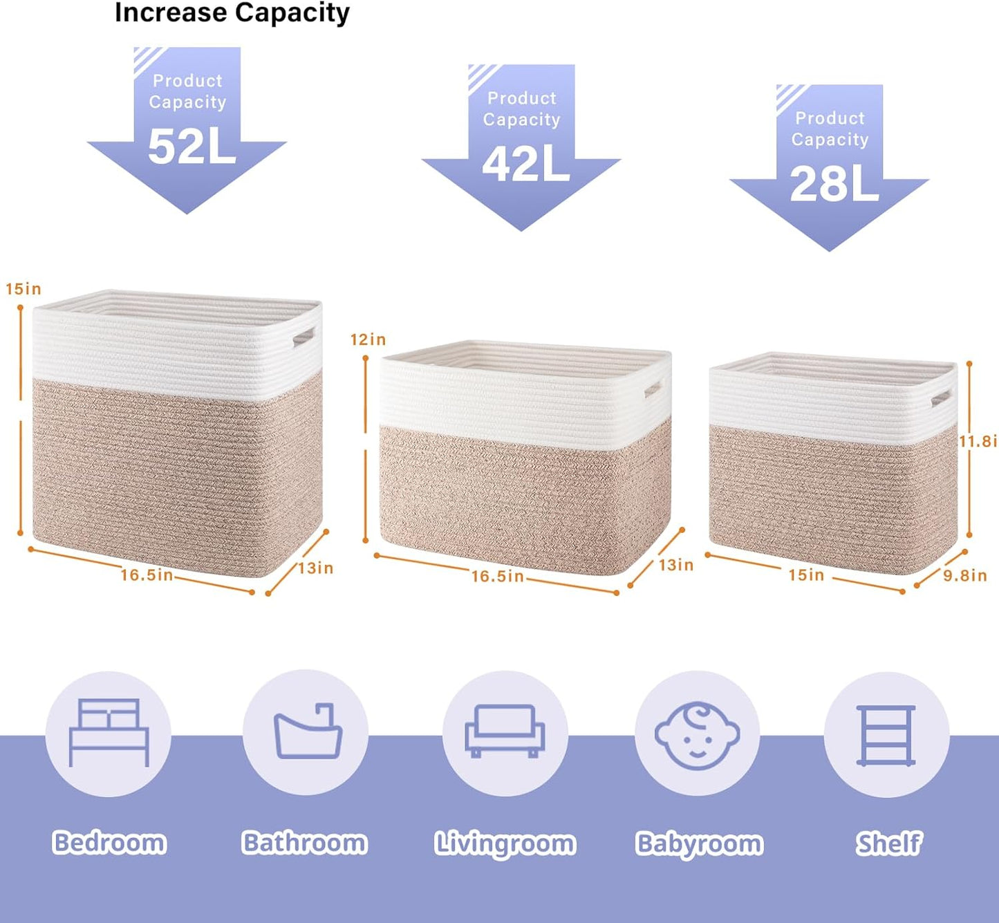 OIAHOMY Storage baskets for Shelf, Large Collapsible Storage Bins, Blanket Basket Living Room, 16.5 x 13 x 15 Inches-Pack of 2-Brown