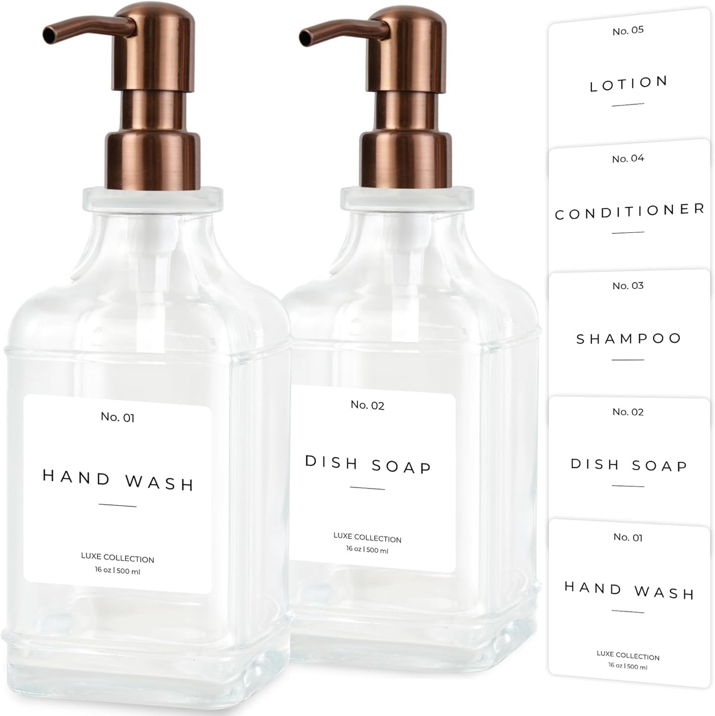 Emerson Essentials Soap Dispenser, Dish Soap Dispenser, Soap Bottle Bathroom Set, Farmhouse Stainless Steel, Kitchen Soap Dispenser Set - Glass Soap Dispenser with Pump and Labels, 16 Oz, 2 Pack