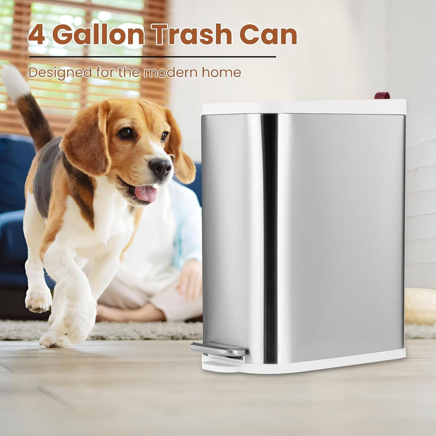 BETHEBEST 4 Gallon/15 Liter Trash Can with Soft Close Lid,Stainless Steel Garbage Can with Removable Inner Bucket,Step Pedal Trash Can for Bathroom,Bedroom,Kitchen