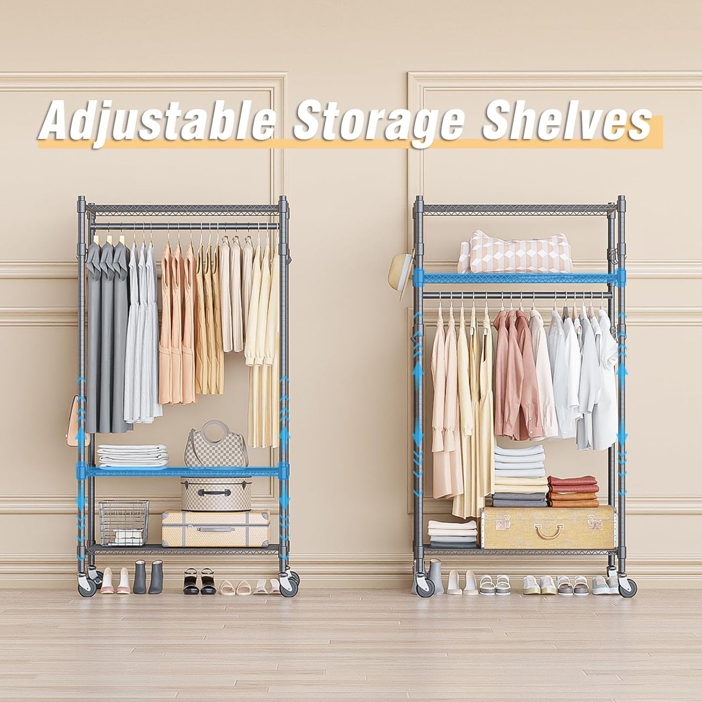 Homdox Garment Rack Heavy Duty, 3 Tier Rolling Clothing Racks for Hanging Clothes, Metal Wardrobe Closet, Free-Standing Clothes Organizer Rack with Double Rods & Side hooks, Gray