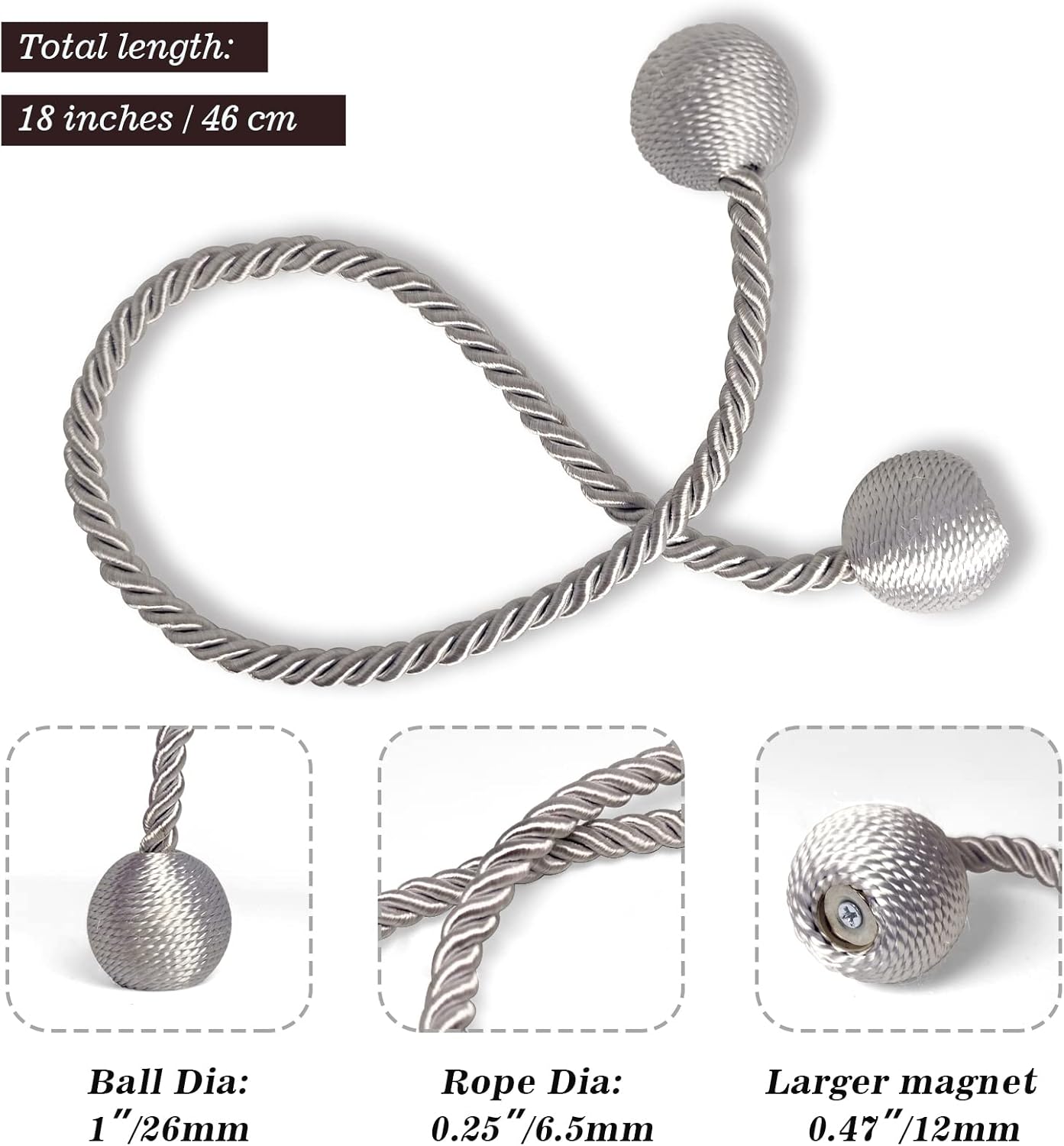 Hion Magnetic Curtain Tiebacks Grey 4 Pack, Curtain Tiebacks Buckles Holdbacks Holders Hooks Clip for Home Bedroom Office Decorative Thick or Thin Curtain