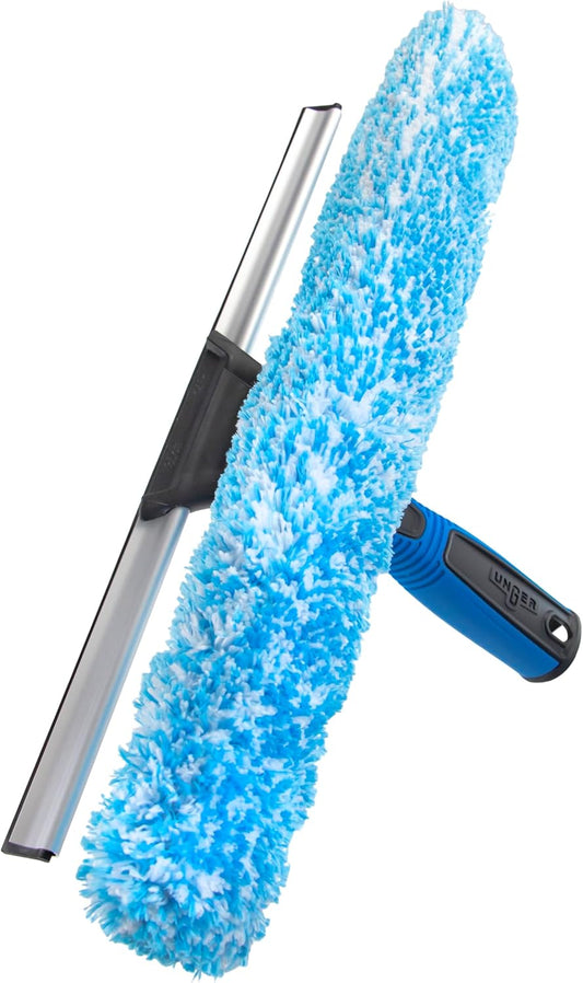 Unger Professional Connect and Clean 2-in-1 Squeegee and Scrubber, 14” Window Cleaning Tool, Essential Glass Cleaner for Commercial and Residential Use, Reusable Microfiber Sleeve, Streak-Free Results