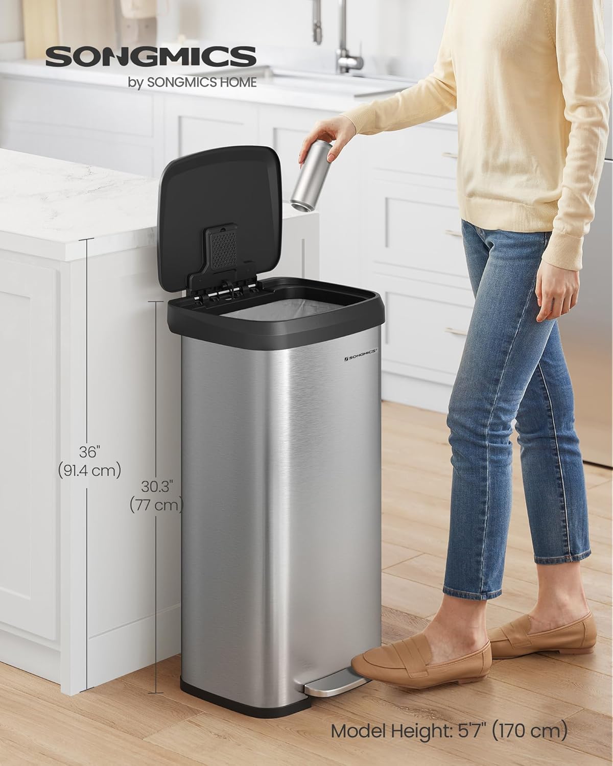 SONGMICS Kitchen Trash Can, 18-Gallon Stainless Steel Garbage Can, with Stay-Open Lid and Step-on Pedal, Soft Closure, Tall, Large and Space-Saving, Silver and Black ULTB520E68