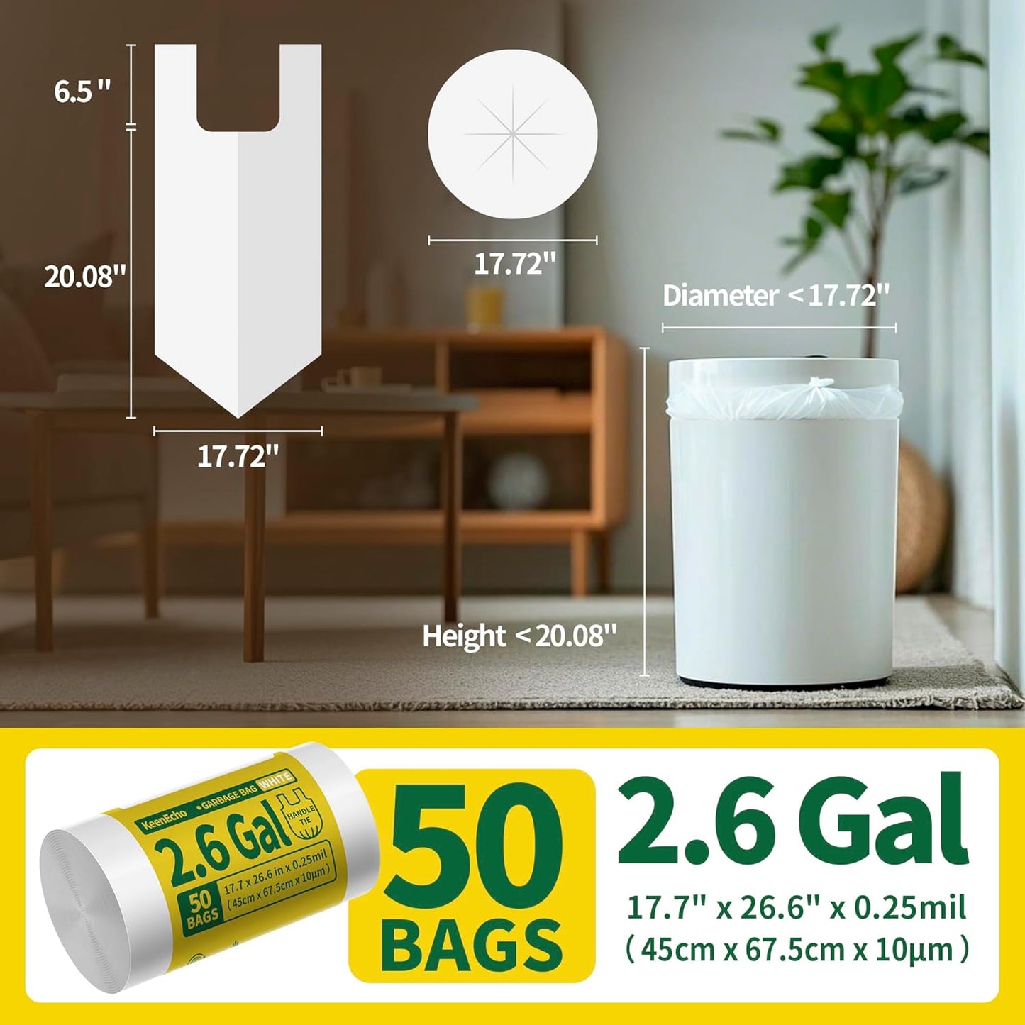 Small Trash Bags with Handles 2.6 Gallon 50 Count White - Ocean Plastic Upcycling - Plastic Garbage Bags, Can Bin & Waste Basket Liner for Kitchen, Bathroom, Office and Pets