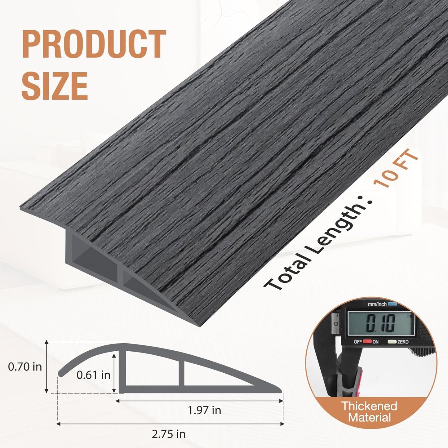 Floor Transition Strip Self Adhesive Vinyl Door Threshold for Doorways Carpet Edging Trim Overlap Edge Reducer for Laminate Floor, Carpet, Tile (Deep Gray Wood Grain, 2/5" to 3/5", 10Ft)