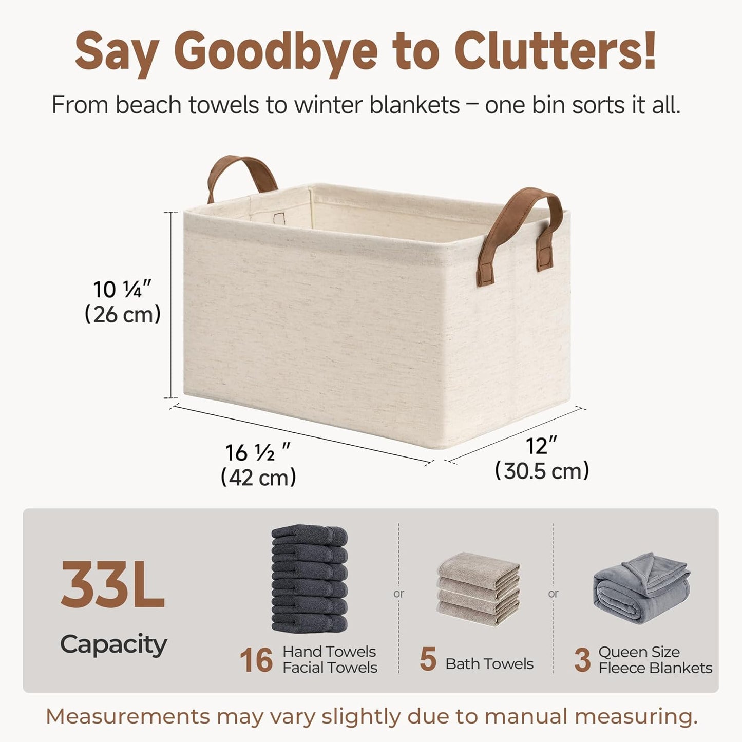 StorageWorks Storage Bins, Shelves Baskets for Organizing, Large Fabric Closet Organizers with Handles, Metal Frame, Beige（Cotton-linen）, 2-Pack