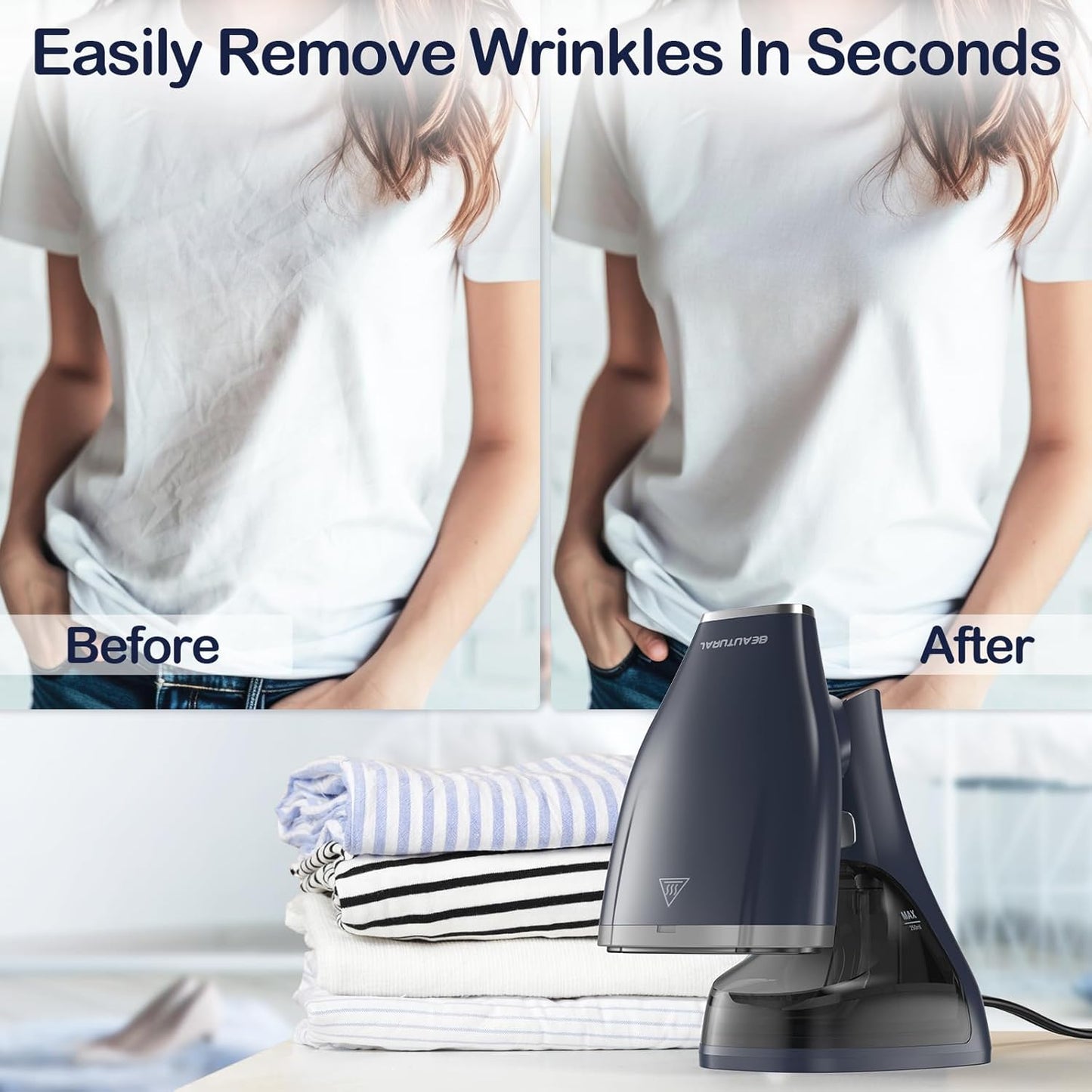 BEAUTURAL Handheld Garment Steamer for Clothes, Handheld steamer with Foldable Design, Easy to Remove Wrinkles, 1500W, 25-Second Fast Heat up, 2 Steam Level Setting with Continuous Steaming