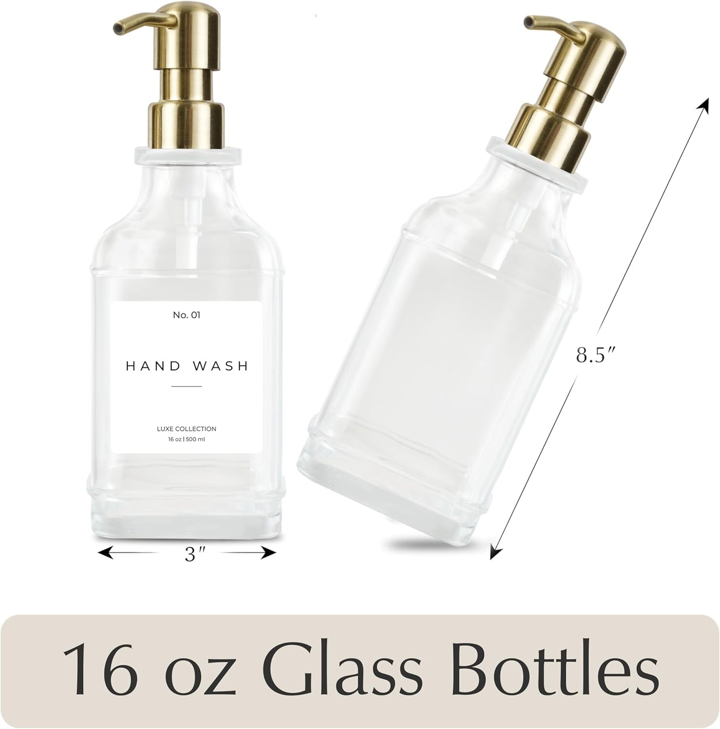 Emerson Essentials Soap Dispenser, Dish Soap Dispenser, Soap Bottle Set, Hand Soap Dispenser, Kitchen Soap Dispenser Set, Glass Soap Dispenser with Pump and Labels, 16 Oz, 2 Pack, Farmhouse