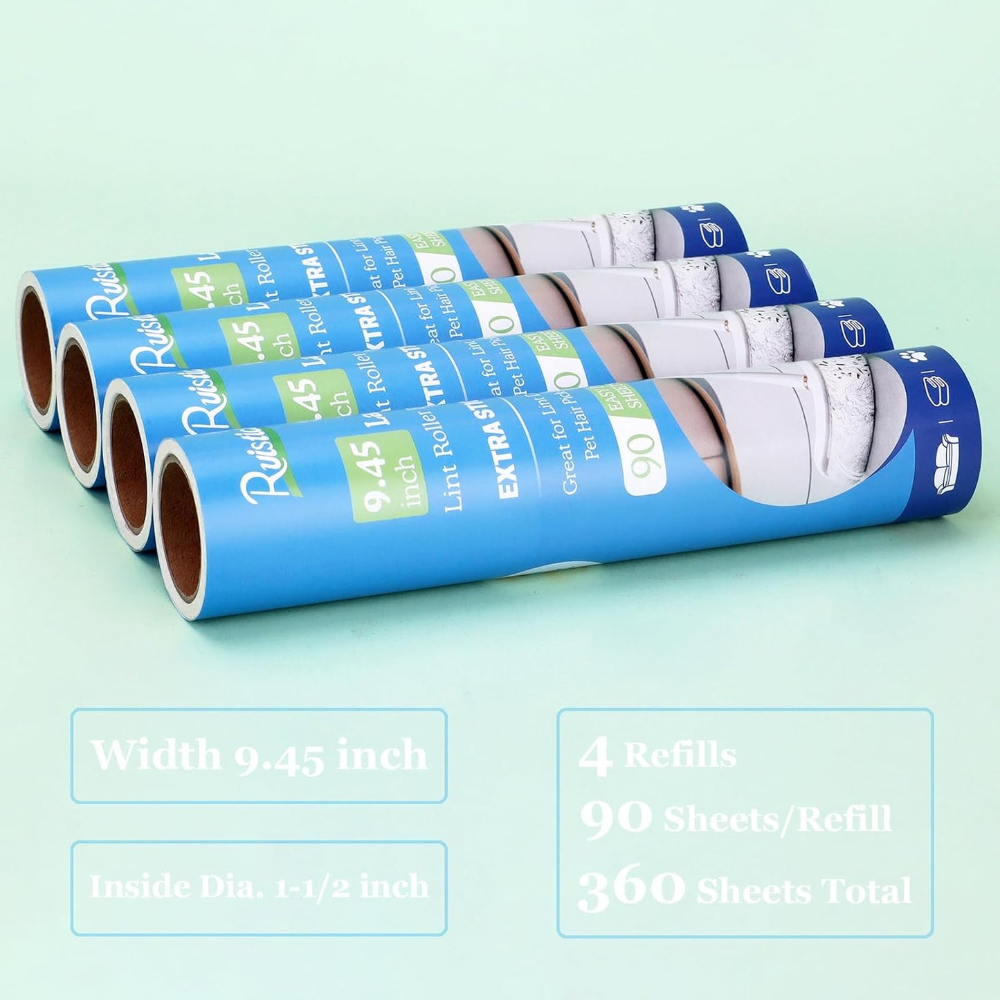 9.45 inch Lint Roller Refills for Large Long Handle Lint Rollers for Carpet 9.45'' Extra Sticky Floor Lint Roller 4 Pack of Refills Only, 90 Sheets per Refill, 360 Sheets Total