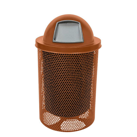 COATEDOUTDOORFURNITURE 32-Gallon Heavy-Duty Punched Steel Round Trash Receptacle, Commercial Outdoor Waste Bin with Liner & Black Dome Lid – Made in America (Textured Copper)