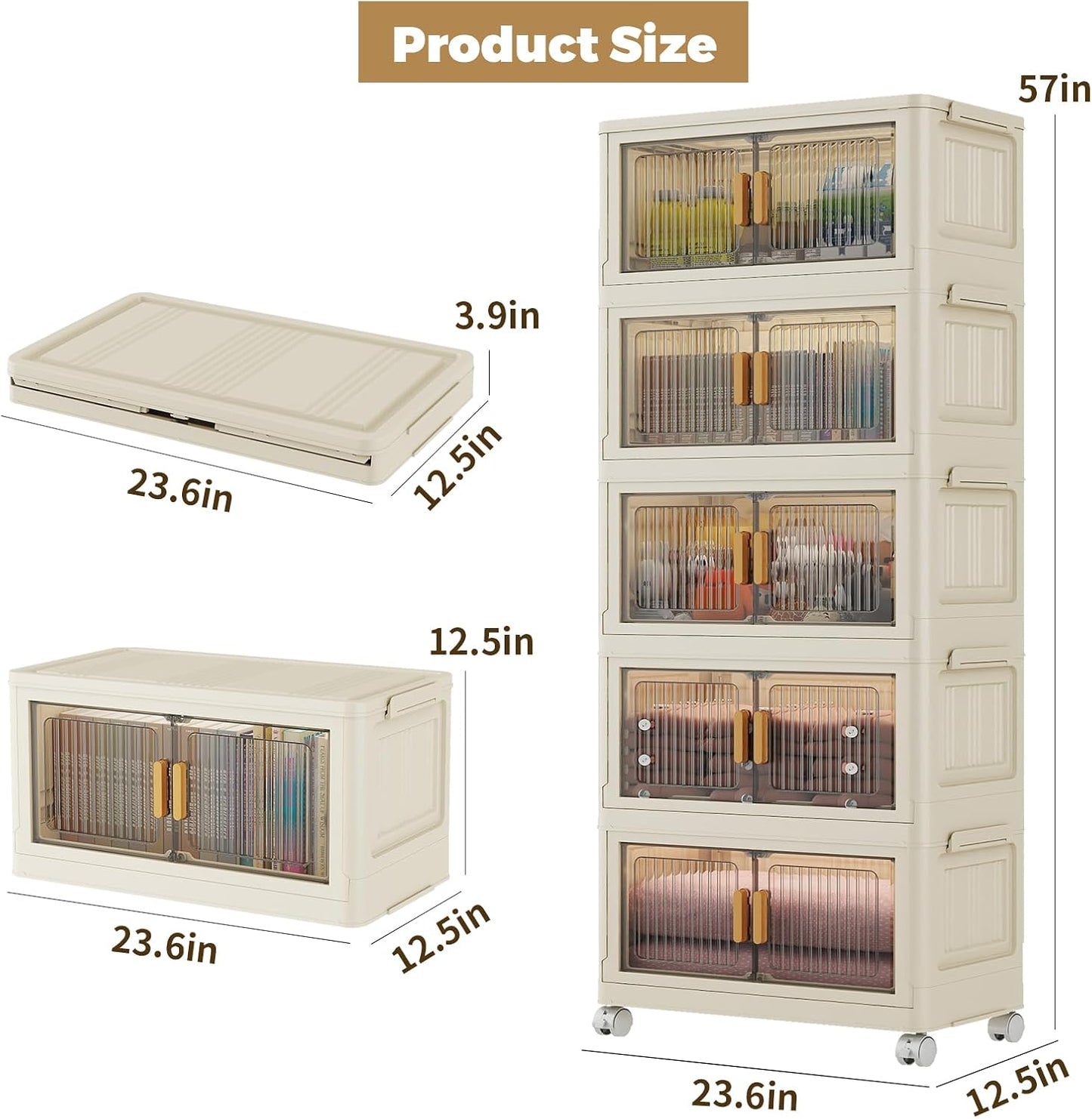 5 Tier Stackable Plastic Storage Bins with Lids 58QT, Collapsible Closet Organizers and Storage with Wheels for Living Room,Office,Dorm