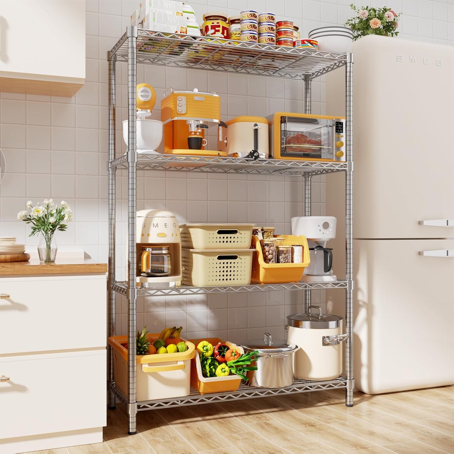 Storage Shelves, 36" L x 14" W x 54" H Heavy Duty Garage Wire Shelving Unit Loads 1400LBS, 4-Tier Adjustable Metal Industrial Utility Shelf Rack for Kitchen, Laundry Room, Basement