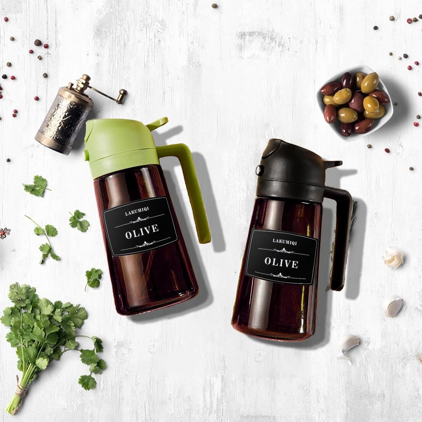 2-in-1 Glass Oil Dispenser & Sprayer - 16oz/470ml Leakproof Bottle for Cooking, Air Fryer, BBQ, Baking, Salad (Light-Blockage Black And Green)