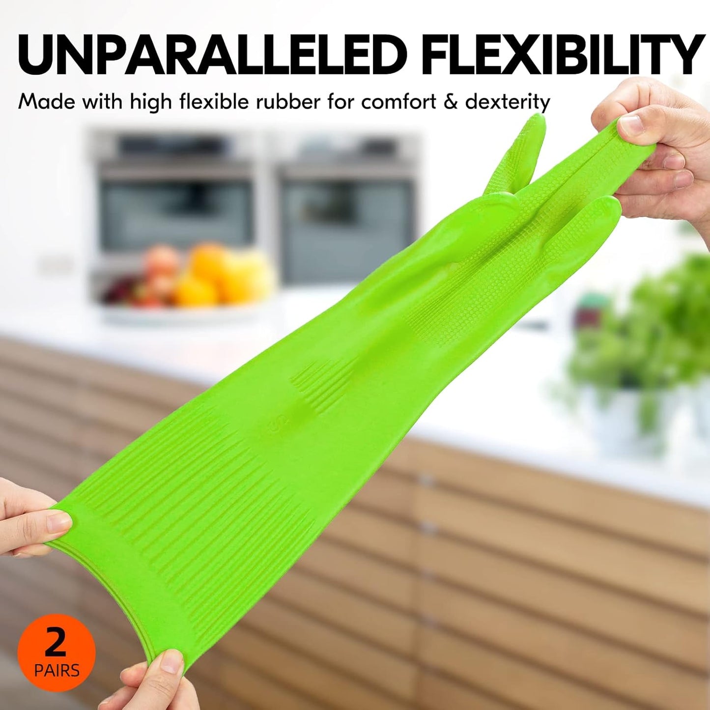 Vgo 2-Pairs Dishwashing Gloves, Reusable Household Gloves, Long Sleeve, Thick Latex, Cleaning, Washing, Working, Painting, Gardening, Pet Care (Size S, Green, RB2143)