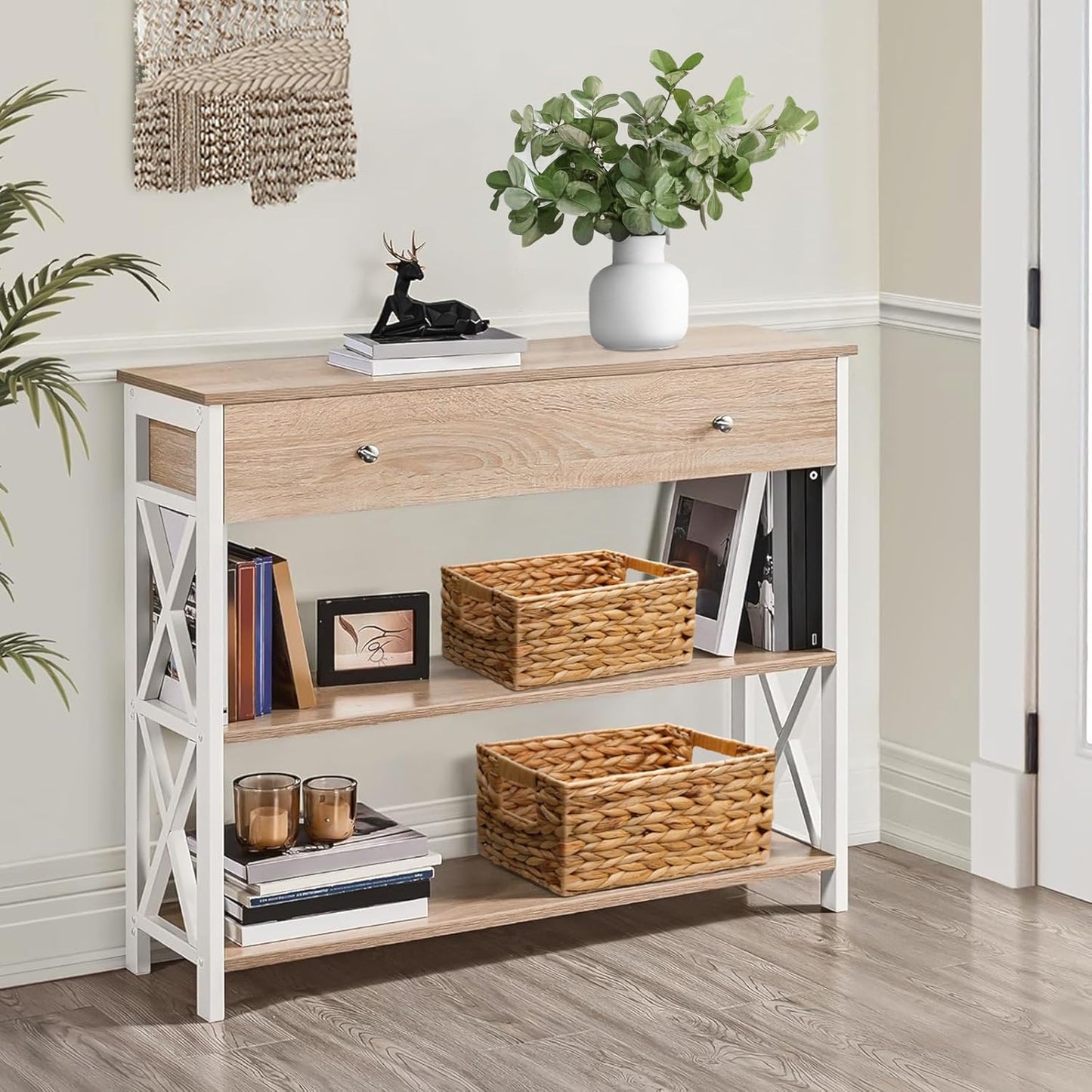 3 Pack Natural Water Hyacinth storage basket with Handle, Rectangular Wicker Basket for Organizing, Decorative Wicker Storage Basket for Living Room, 3 Mixed Sizes