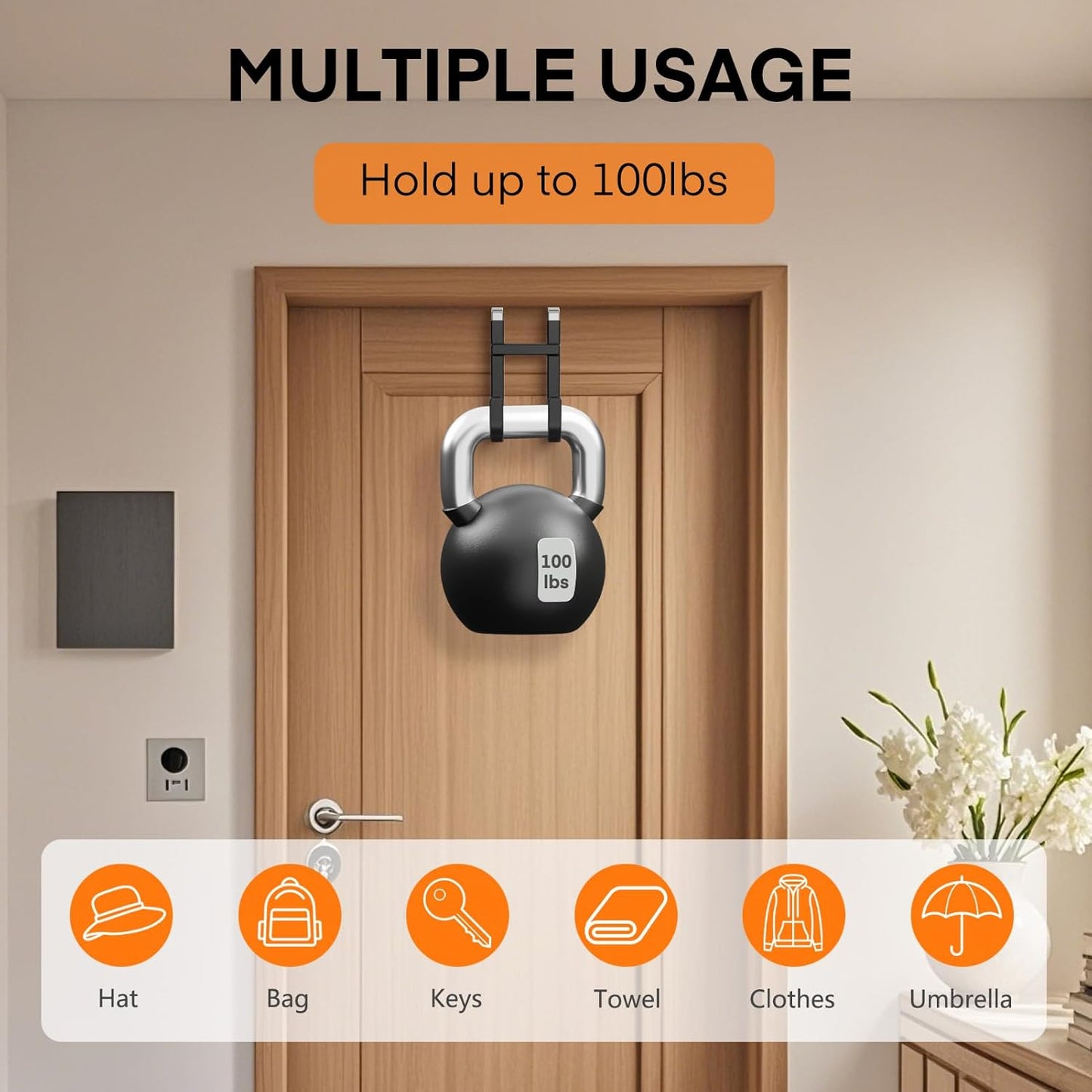 FYY Over The Door Hooks - 4 Pack Heavy Duty Dual-Hook Organizer Hanger with Non-Slip Rubber for Towels, Clothes, Hats & Bags Use in Bathroom, Bedroom, Kitchen - Fits Interior Doors Up to 1 3/8" Black