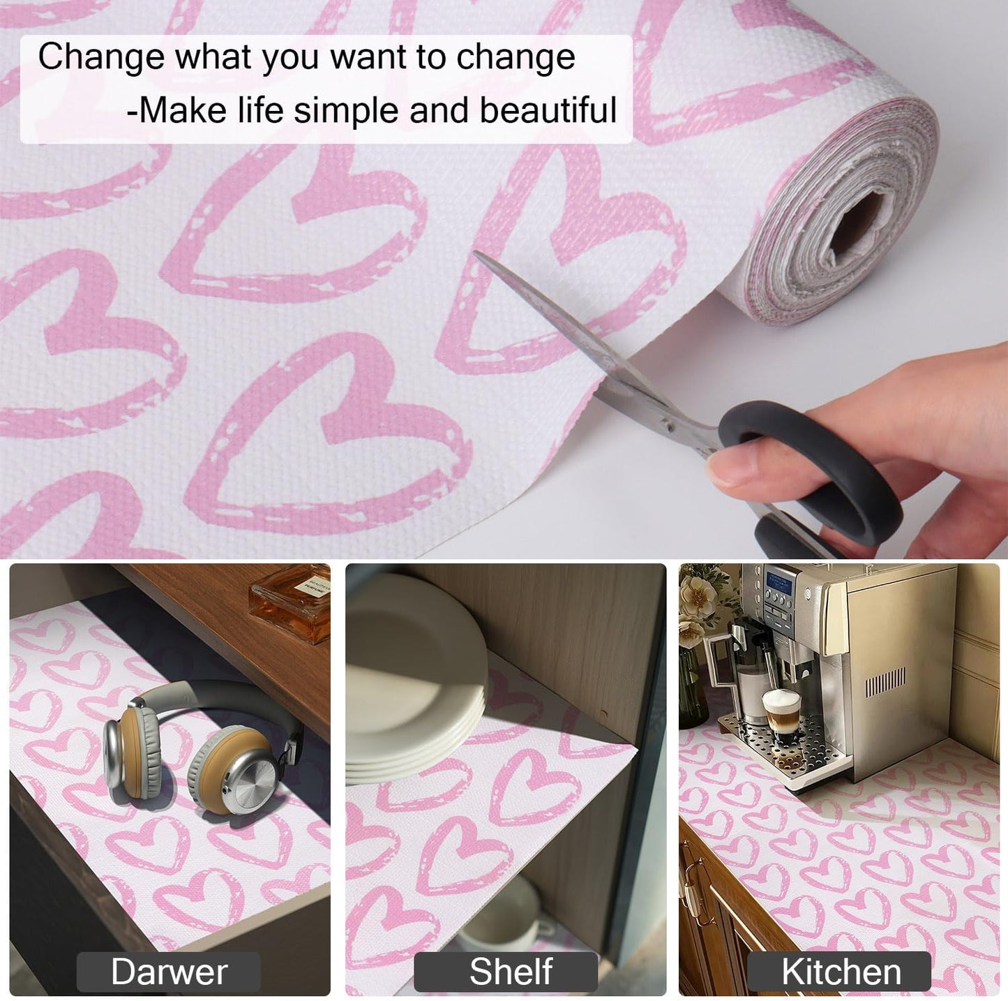 Heart Drawer Liner for Cabinets 16IN x 10FT,Shelf Liner Non-Adhesive and Strong Non-Slip Cabinet Drawer Liners for Kitchen,Table,Bookshelves,Waterproof Cupboard Liners,Pink