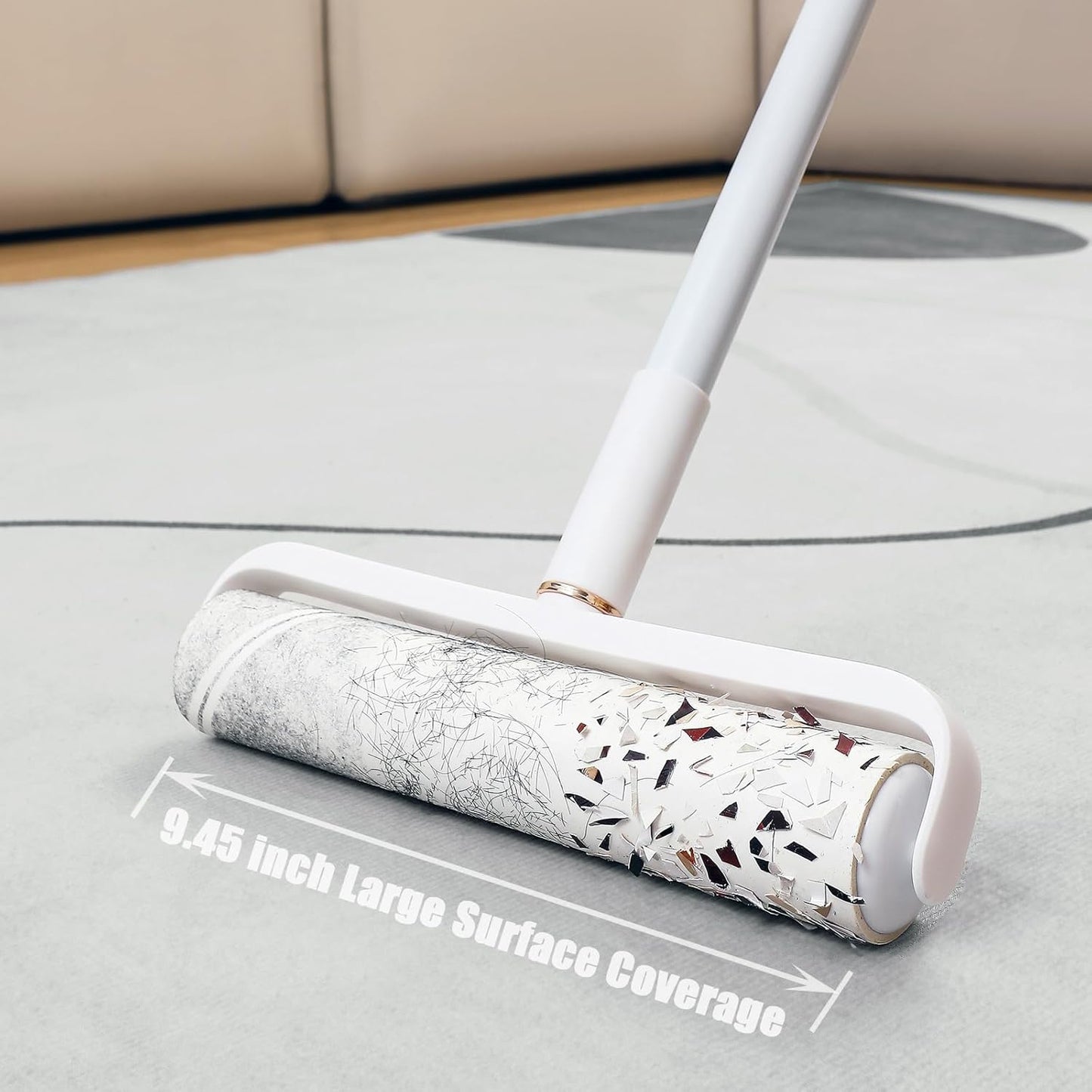 Floor Lint Roller Long Handle with Cover and 2 Refills for Pet Hair Extra Sticky Large 9.45 inch Lint Remover for Carpet Bedding Couch (Extra Long Handle & 3 Sticky Rolls)