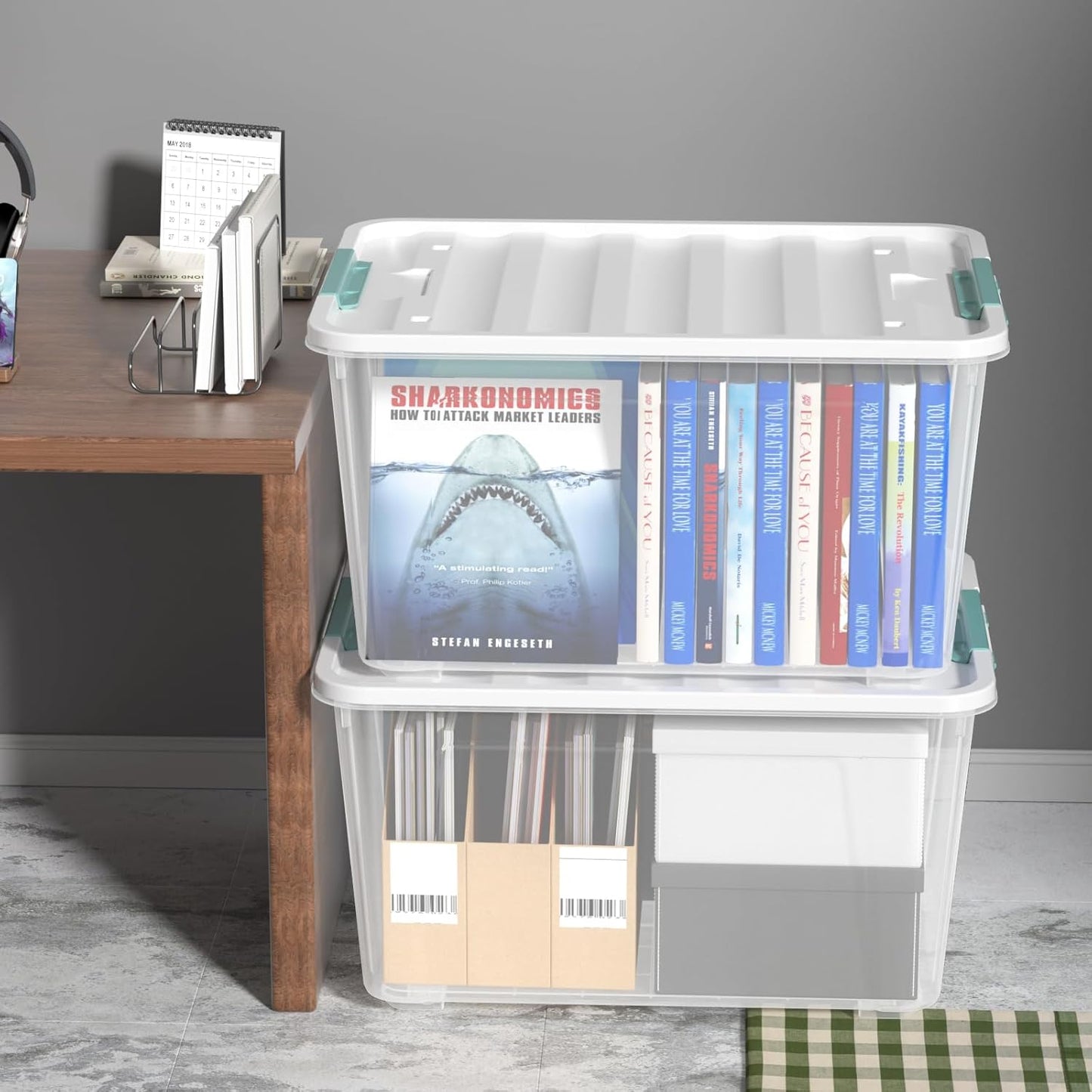 Zopnny 2-Pack Large Latching Box, 85 Quart Plastic Storage Bin with Lid, Stackable Totes w/Wheels, Clear