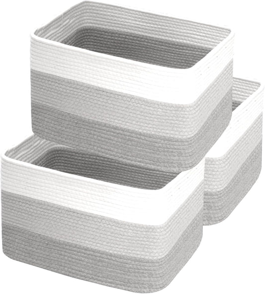 Hopegiver Woven Storage Baskets 15x11x10 Inch, 3 Pack Collapsible Cube Storage Bin for Shelves - Foldable Cotton Rope Organizer Bins for Towels, Toys, Books, Closet, Nursery (White Light-Gray Gray)