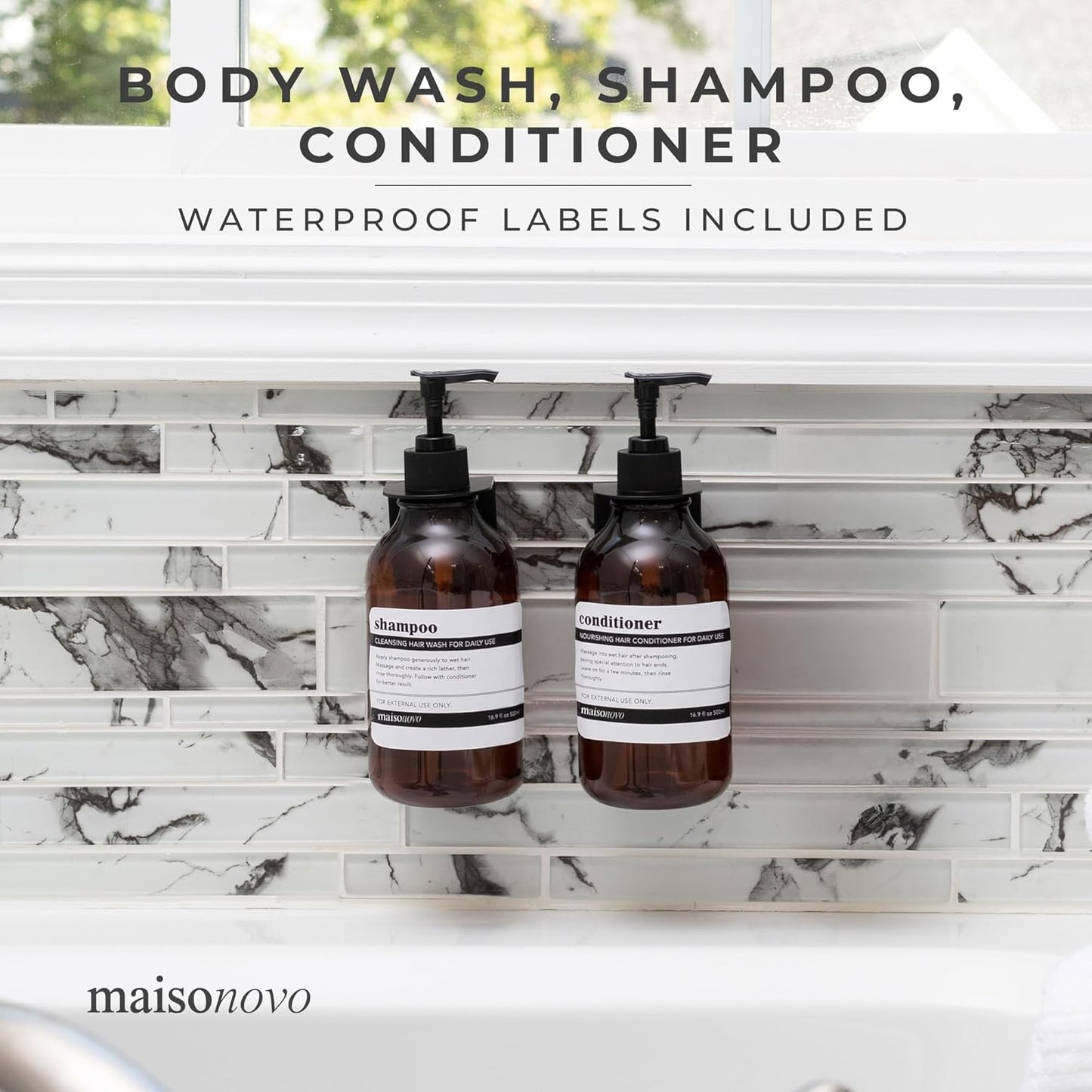 MaisoNovo Shampoo and Conditioner Dispenser - Shower Soap Dispenser Wall Mounted - 16.9 fl oz Set of 2 Amber Plastic Bottles Black Pump - Shampoo Dispenser, Shower Dispenser 2 Chamber No Drill