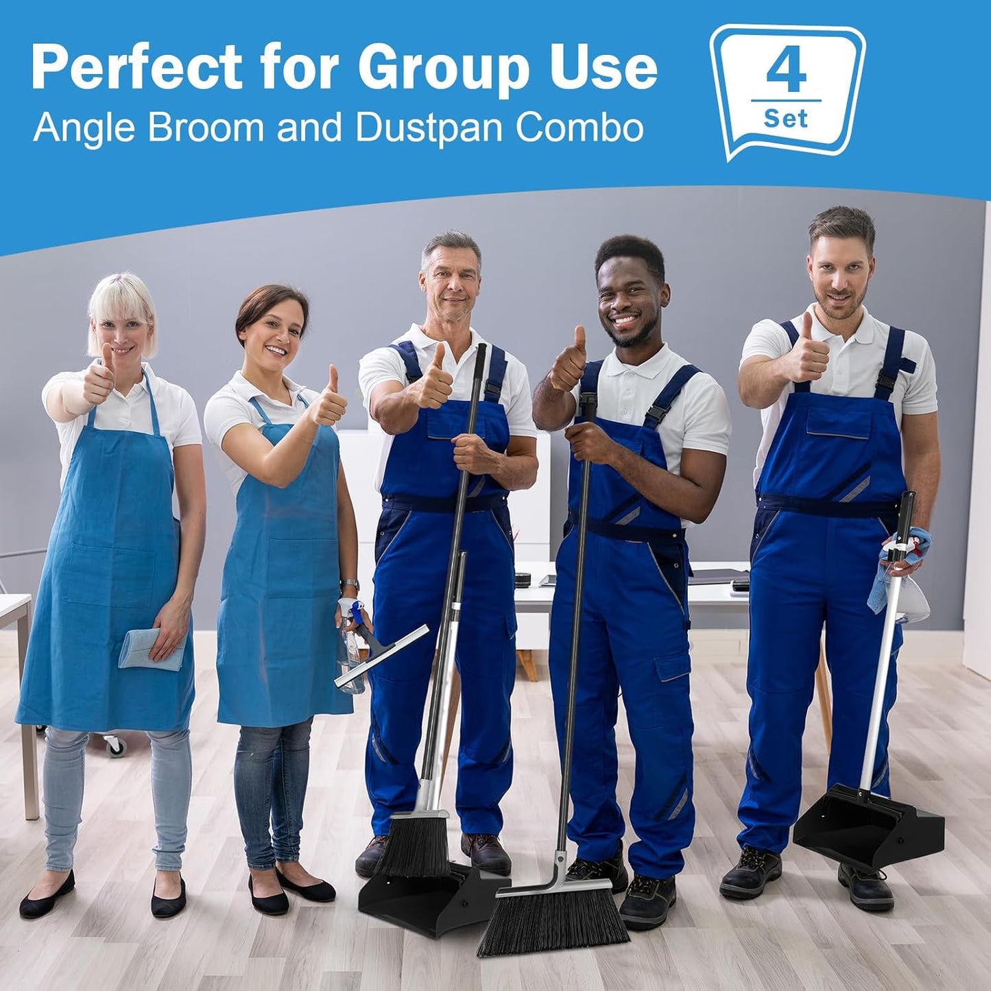 4 Set Broom and Dustpan Set 58 Inch Commercial Broom and Dustpan Combo Set Heavy Duty Lobby Dust Pan Bulk for Lobby Office Home Indoor Outdoor Cleaning Supplies