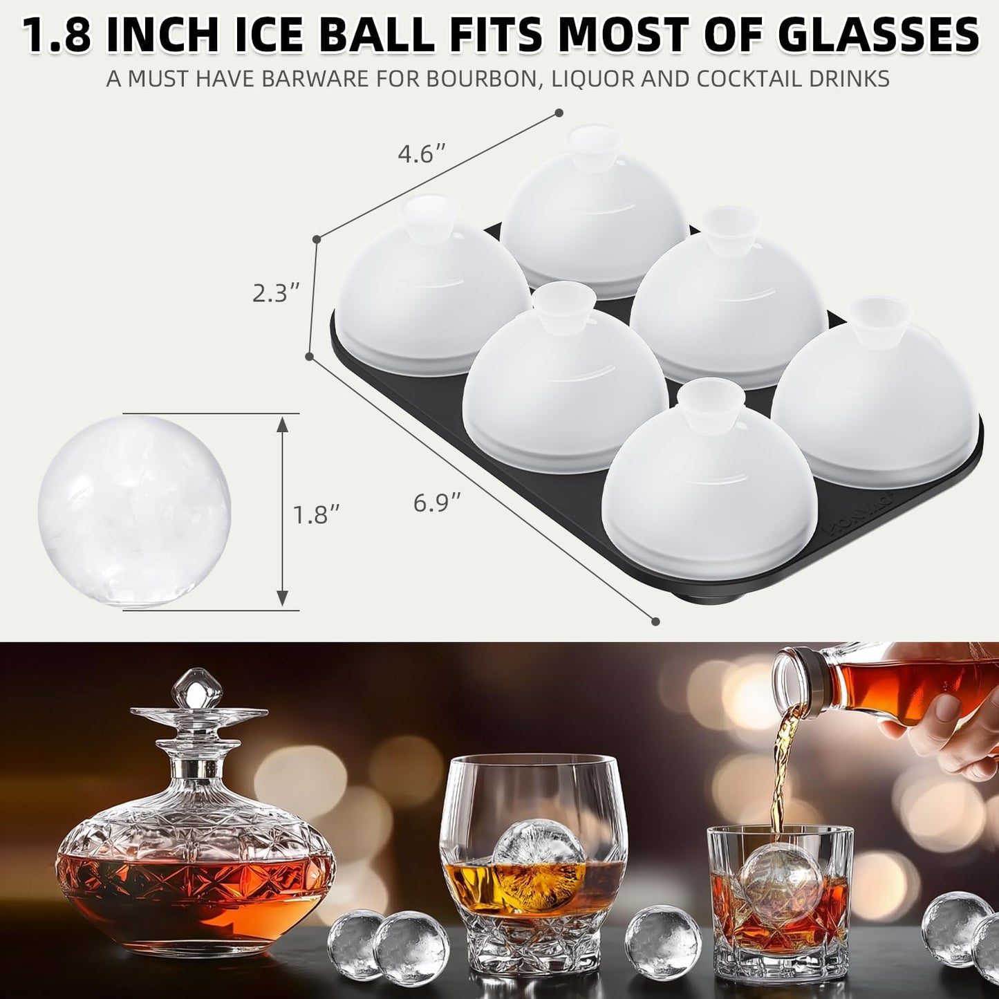 HONYAO Whiskey Ice Ball Mold - 1.8 Inch Silicone Maker With Individual Lid for Easy Fill and Release - 6 Round Sphere Molds for Cocktails and Bourbon