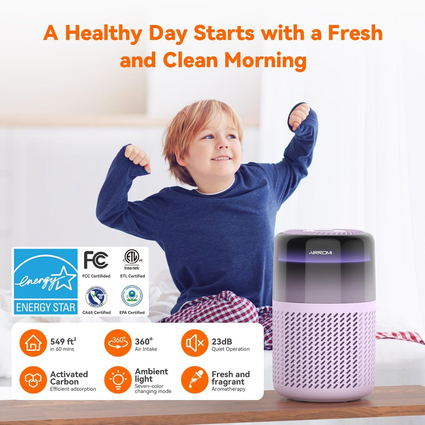 AIRROMI Air Purifier for Bedroom Home,HEPA Filter,Covers Upto 549 Ft²,Quiet 360°intake Air Cleaner with Fragrance ponge for Better Sleep,Night Light,Filters Smoke,Pet Dander,Allergies,Dust,A2005Purple