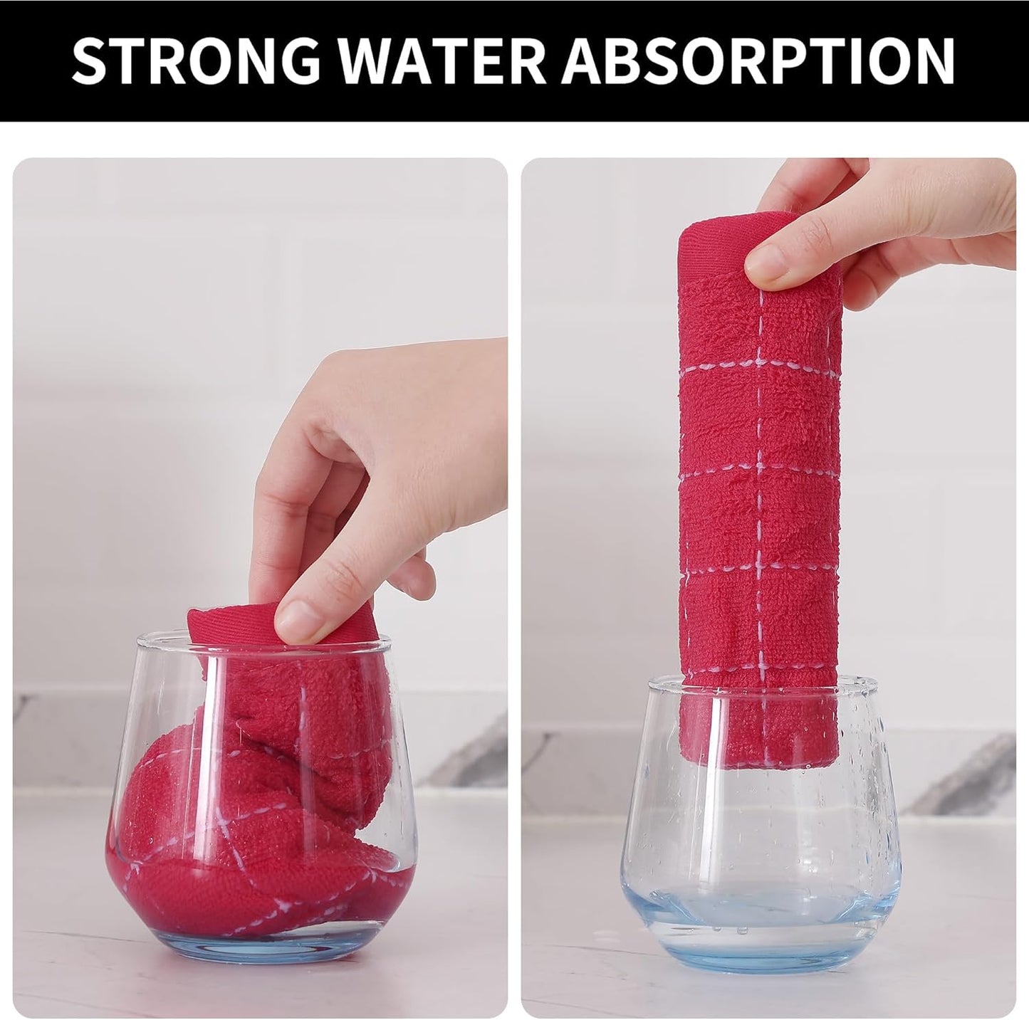 Homaxy 100% Cotton Terry Kitchen Towels(Rose Red, 13 x 28 inches), Checkered Designed, Soft and Super Absorbent Dish Towels, 6 Pack