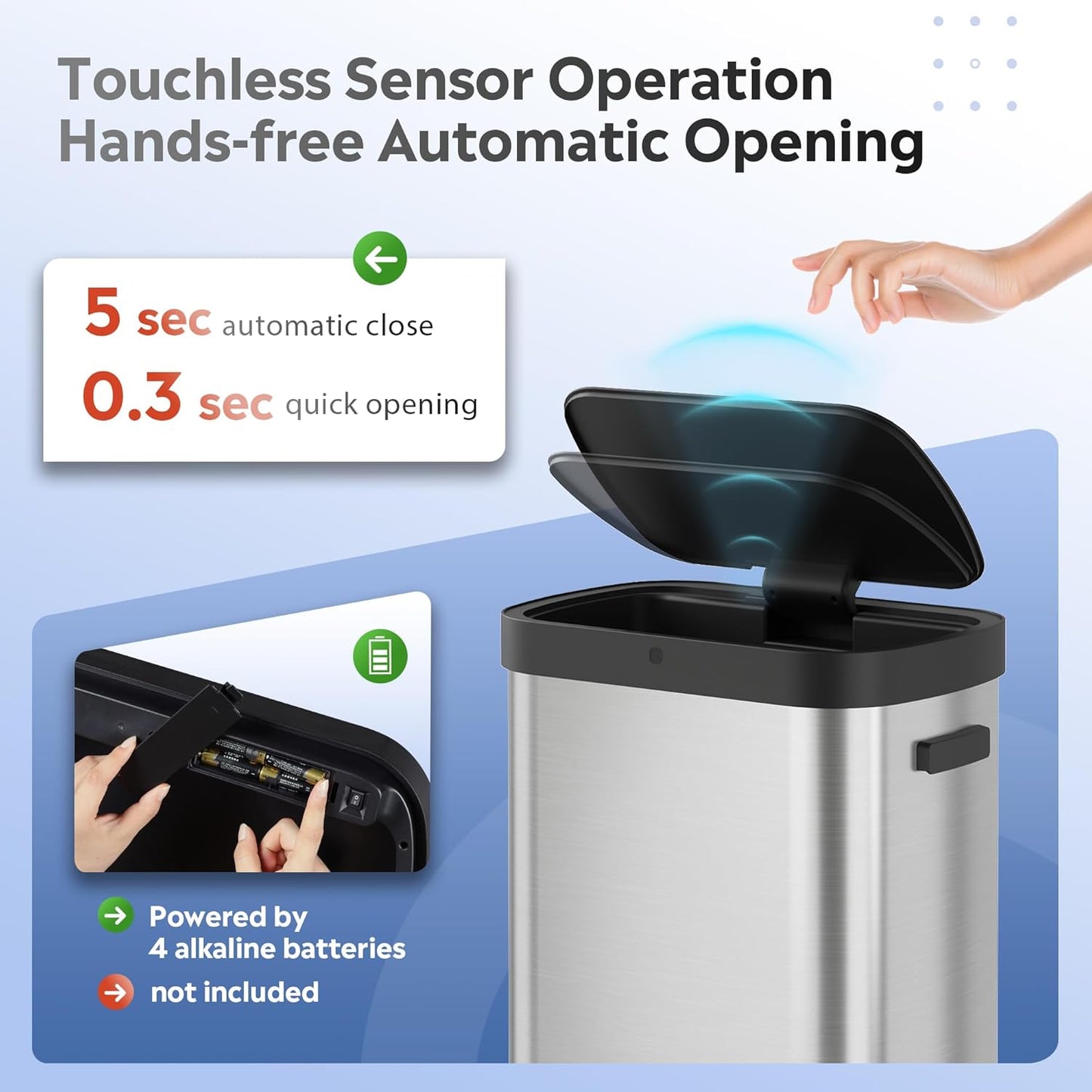 WLIVE 13 Gallon Trash Can, 50 Liter Large Capacity Motion Sensor Automatic Trash Cans Touchless with LED Indicator, Brushed Stainless Steel Finish Garbage Cans for Kitchen, Office, School, Silver