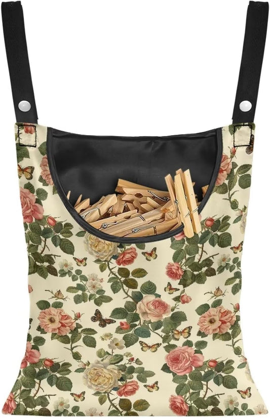 2 Pcs Floral Clothes Pin Hanging Bag with Hanging Rope 14.5 X 12 Inch Clothespin Bag for Clothes Pins and Clothespins - Heavy Duty Outdoor Use