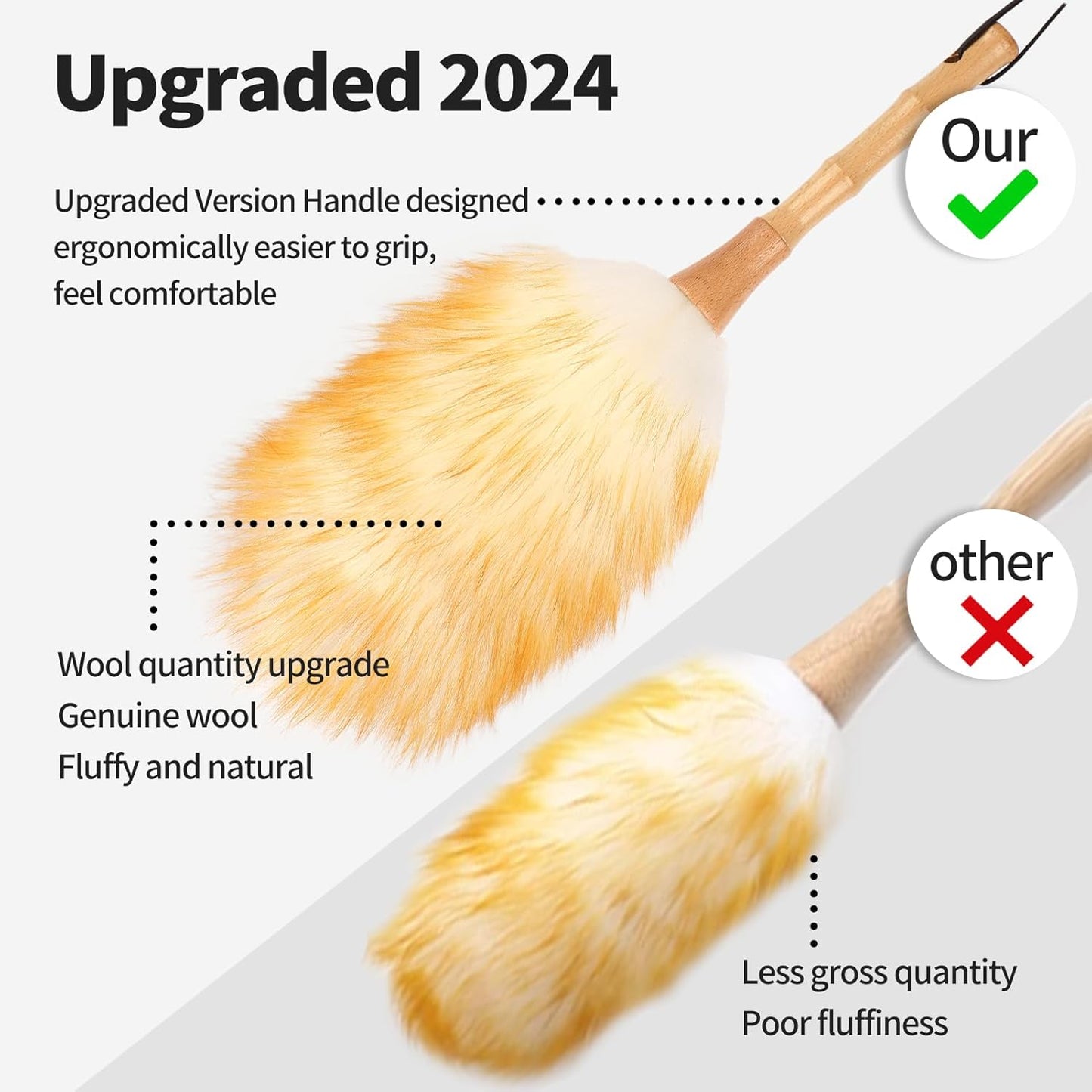 Feather Duster, Lambswool Duster for Cleaning,with Solid Wooden Handle,Leather Hang Strap,Anti-Static 14.9 inch Washable Reusable Small Hand Duster(Natural) for Office, Home and Car