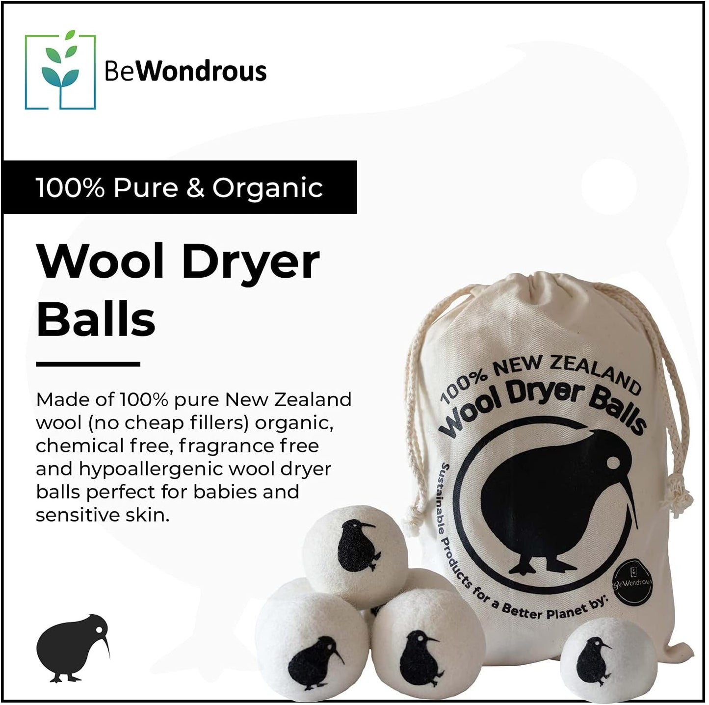 Wool Dryer Balls XL, 100% New Zealand Organic Wool - Reusable Natural Fabric Softener for Laundry, Dryer Sheets Alternative - Prevent Wrinkles and Anti Static (White, 6-Pack)