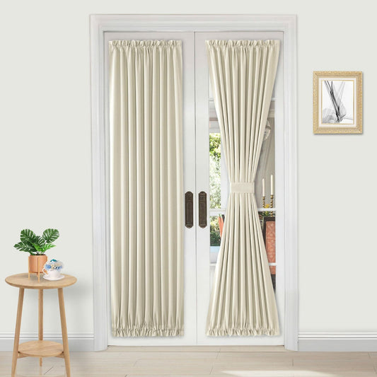 DWCN French Door Curtains – Rod Pocket Thermal Blackout Curtain for Doors with Glass Window, Kitchen and Patio Doors for Privacy, 36 X 72 Inches Long, 1 Curtain Panel with Tieback,Light Beige