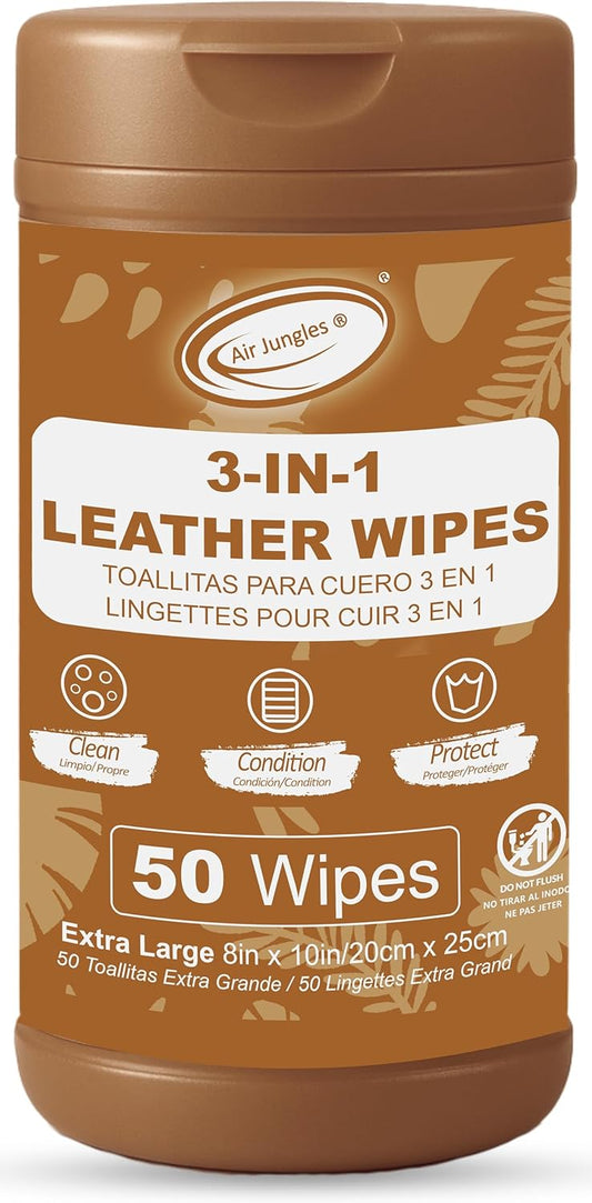 Air Jungles 3in1 Leather Wipes 50 Count, Extra Large 8" x 10" Size, Clean Condition Protect Wipes for Leather Furniture Auto Car Interior Shoes Boots Bags Apparel and Vinyl