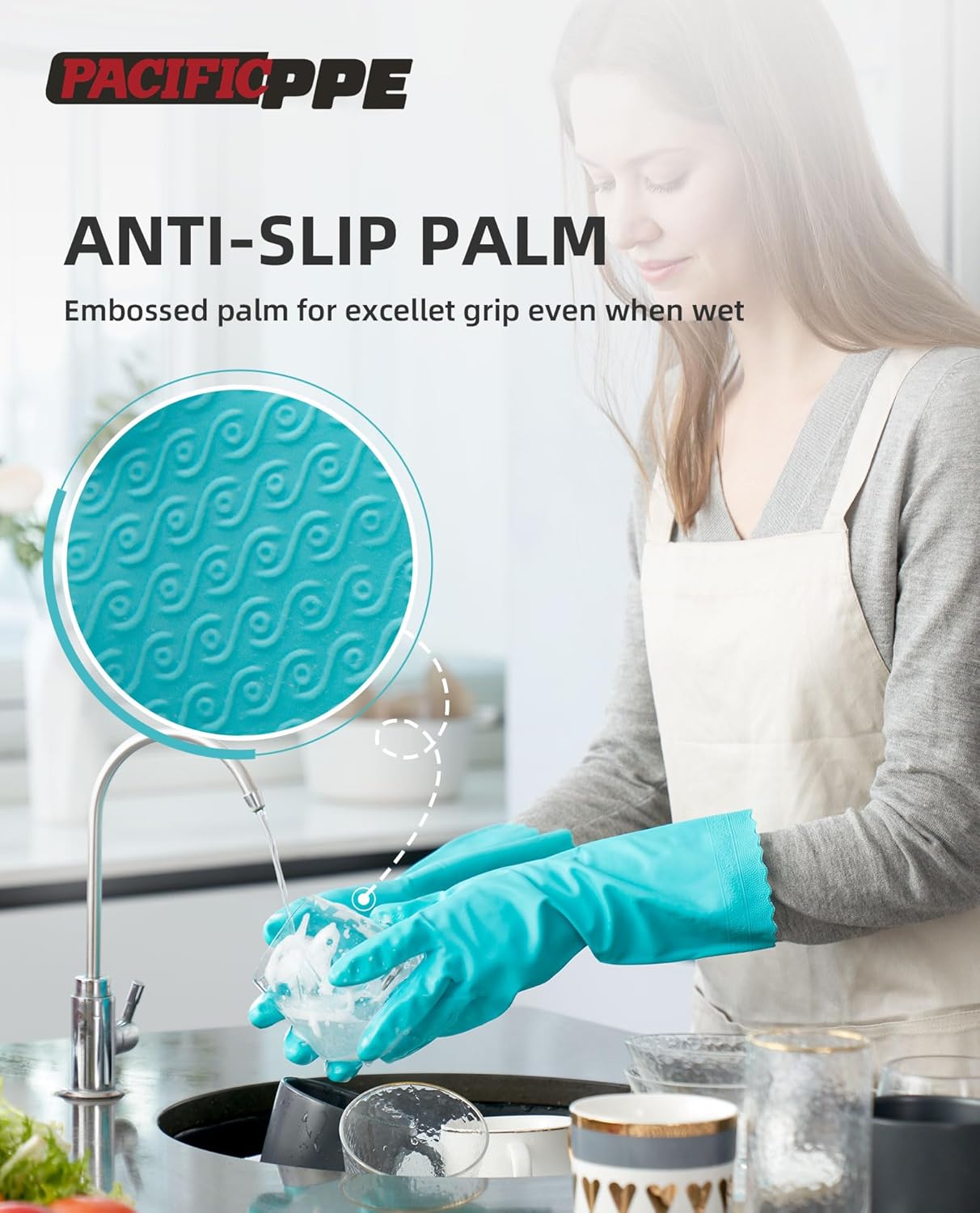 PACIFIC PPE 4 Pairs Reusable Dishwashing Cleaning Gloves with Latex Free, Cotton Lining, Kitchen Gloves, Green, Medium