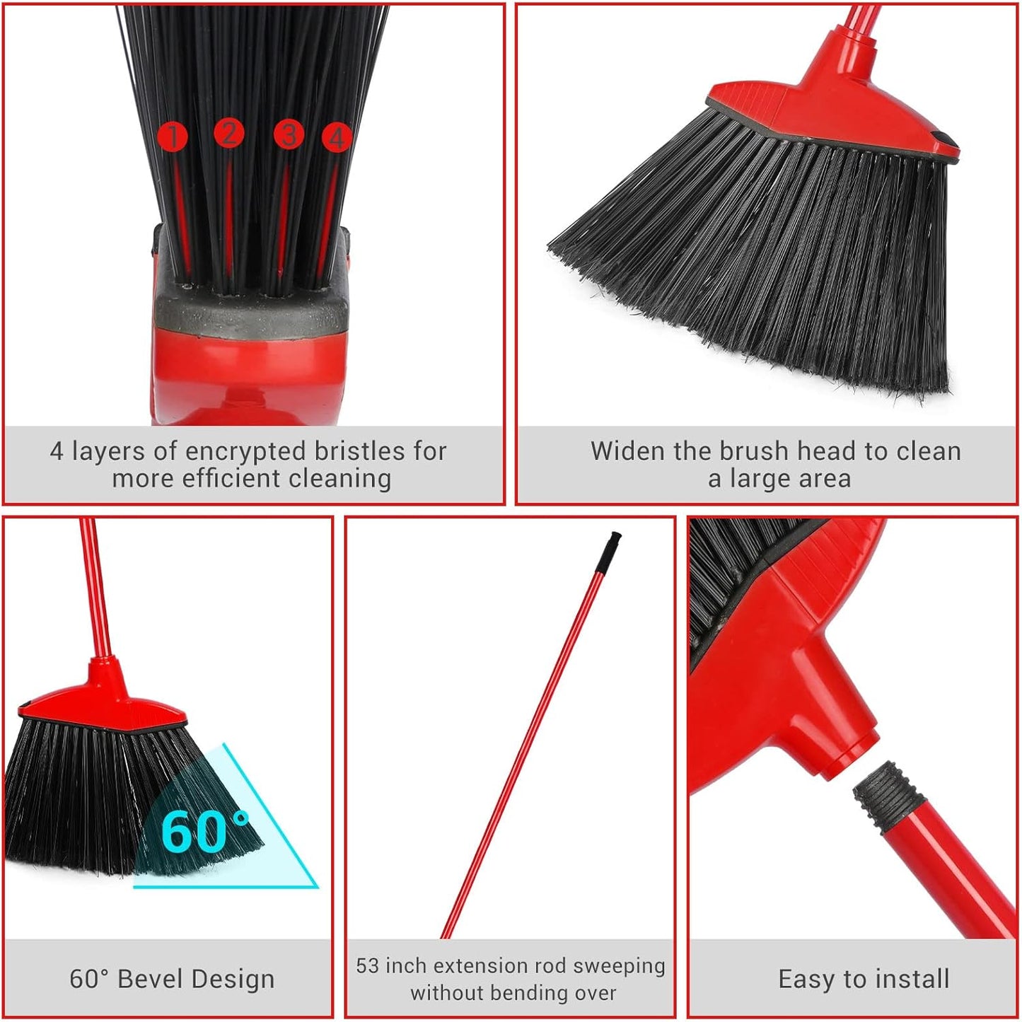 12 Pcs Heavy Duty Commercial Angle Broom 53 Inch Long Handle for Sweeping Indoor Outdoor - Garage, Courtyard, Patio, Lobby, Mall, Market, Shop, Sidewalk Floor (Red)