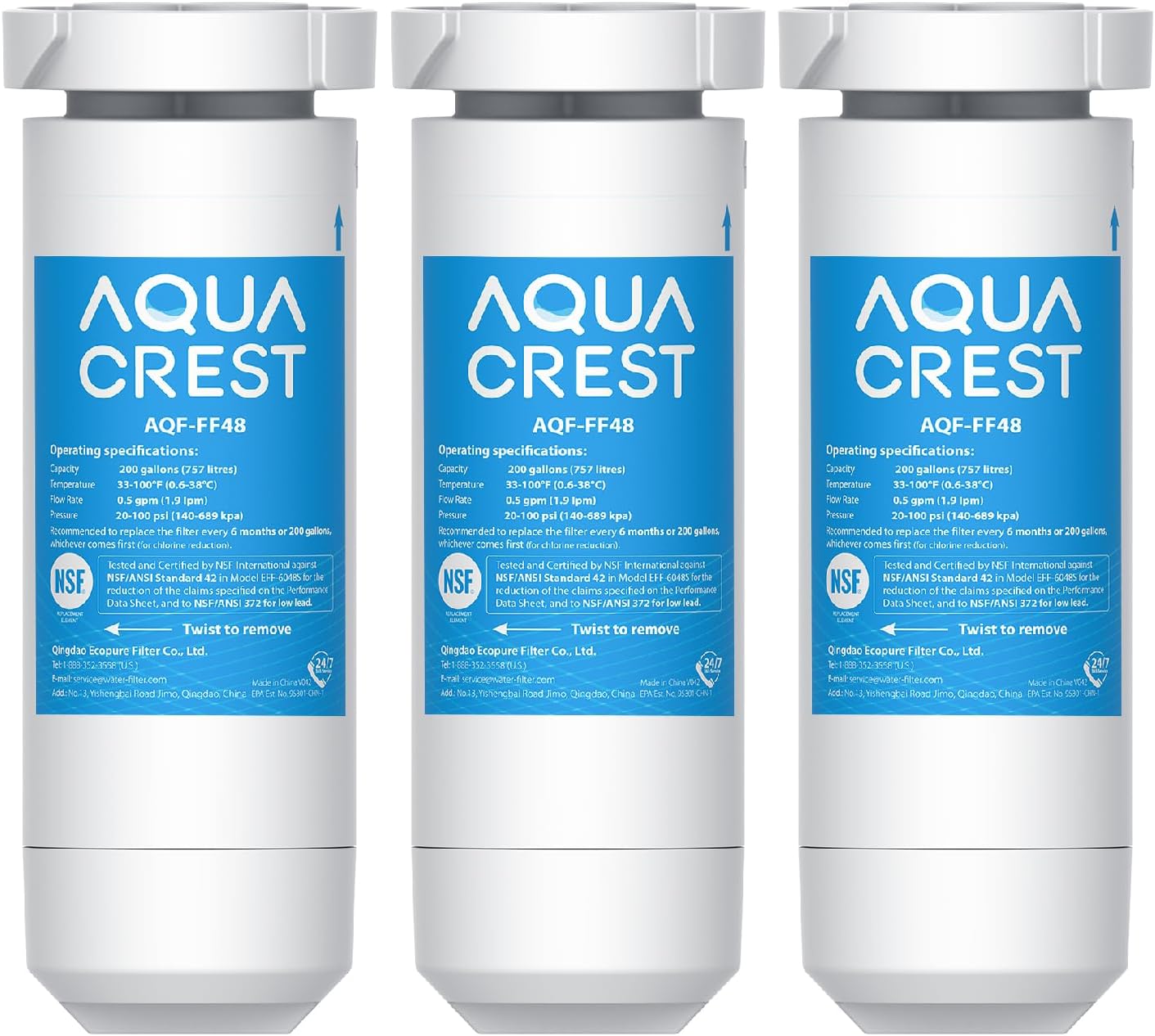AQUA CREST XWF Replacement for GE® XWF, NSF Certified Refrigerator Water Filter, 3 Filters (Not XWFE®)