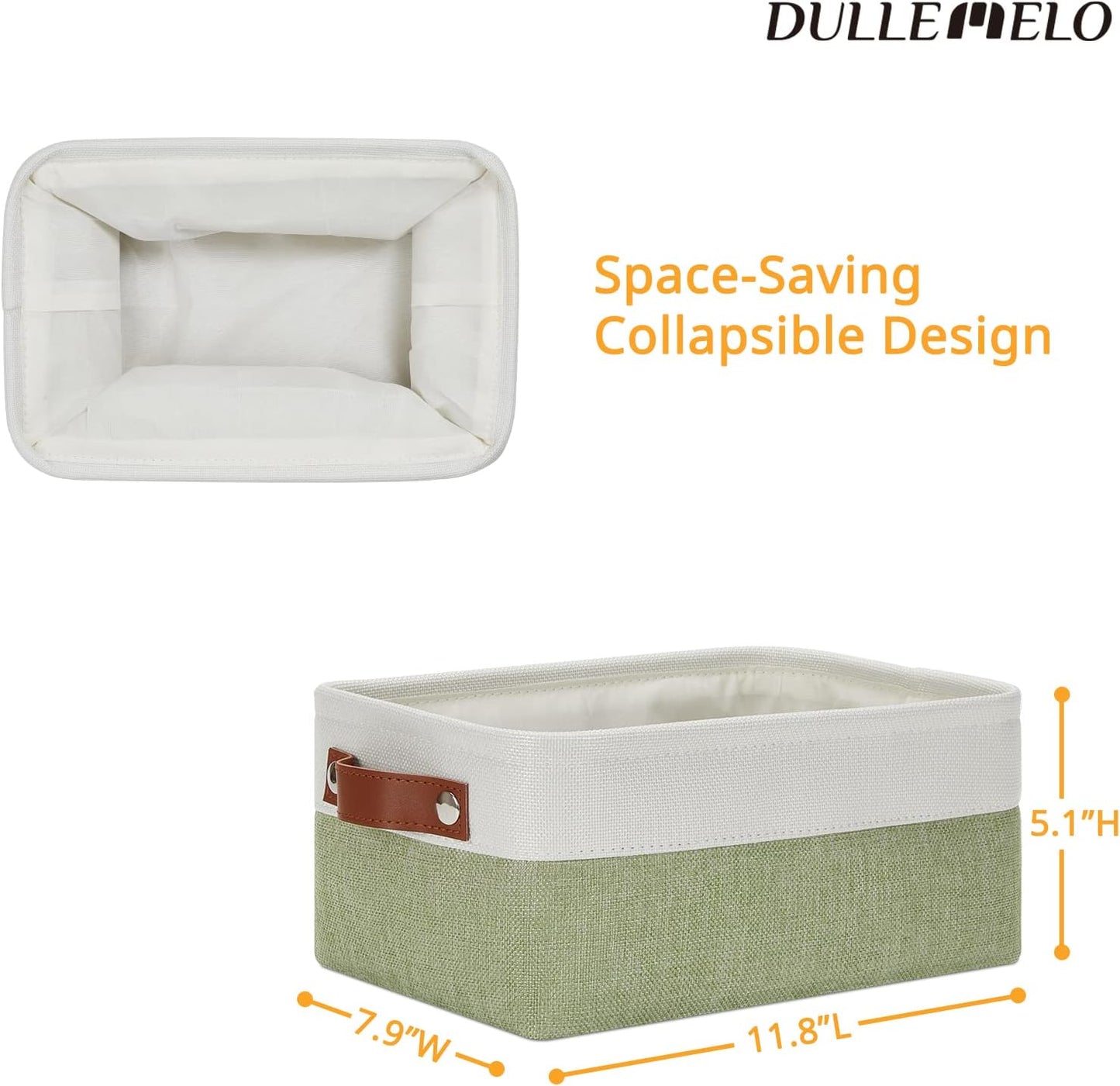 DULLEMELO Small Storage Basket, Fabric Collapsible Gift Storage Basket for Shelves, Closets, Nursery, Home, Office Organizing, Small Canvas Linen Rectangular Storage Bin with Handles (White&Green)